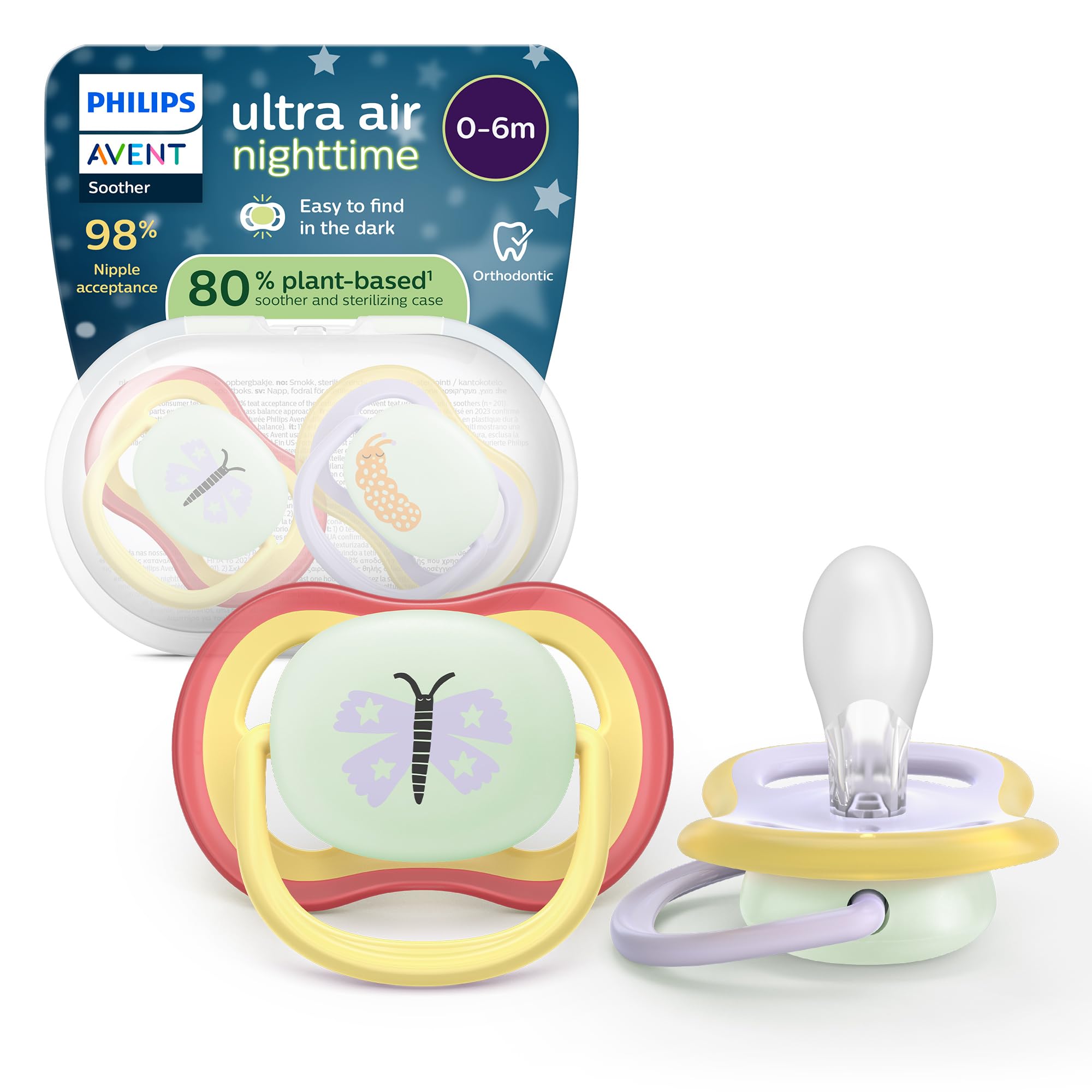 Philips Avent Ultra Air Nighttime Soothers, Orthodontic Design, for Babies 0-6 Months, Glow in The Dark