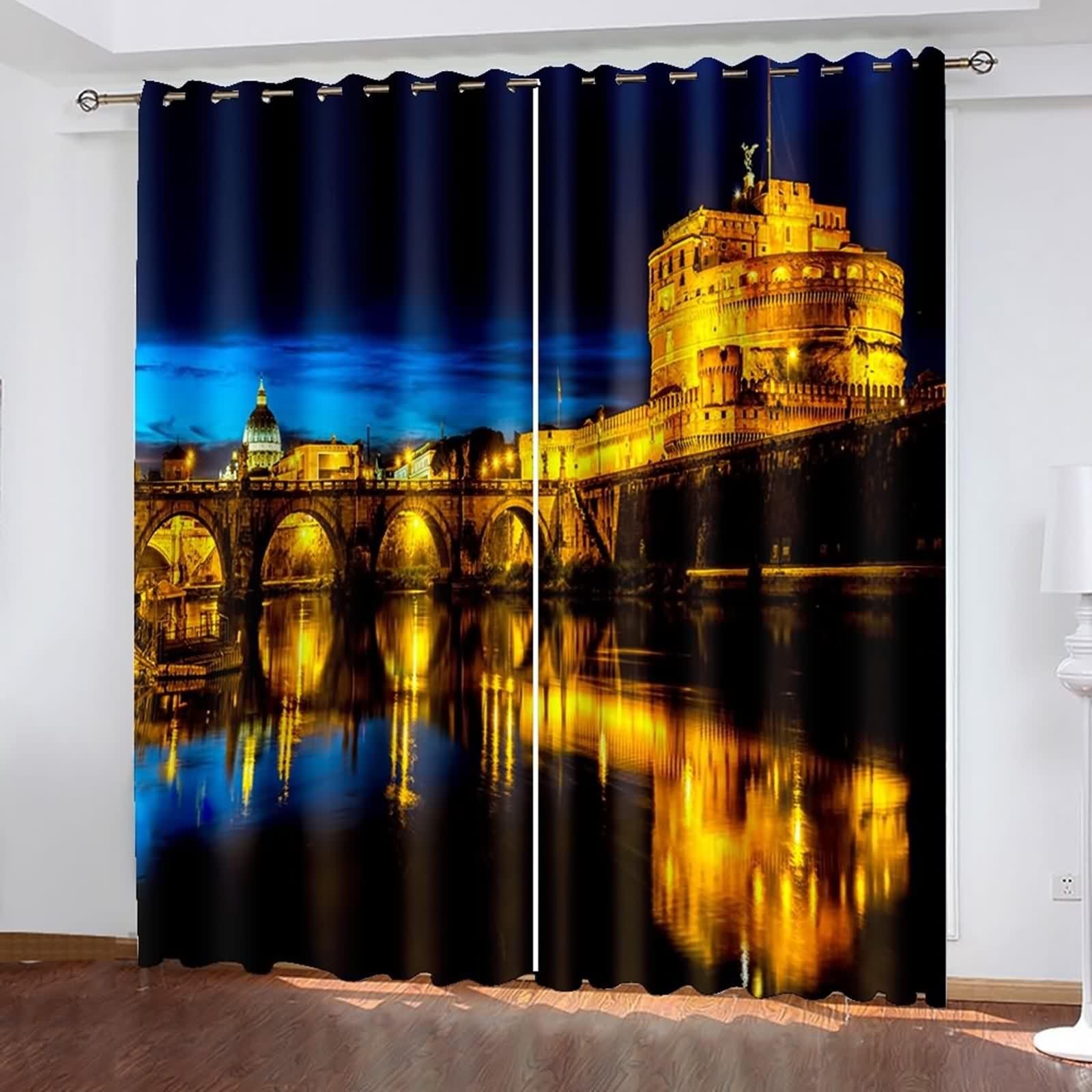 Rideau Fenetre, Rideau Fenetre Chambre Noir Or Bleu Polyester Architecture Ancienne de Style Européen 214L x 229H CM Lot de 2