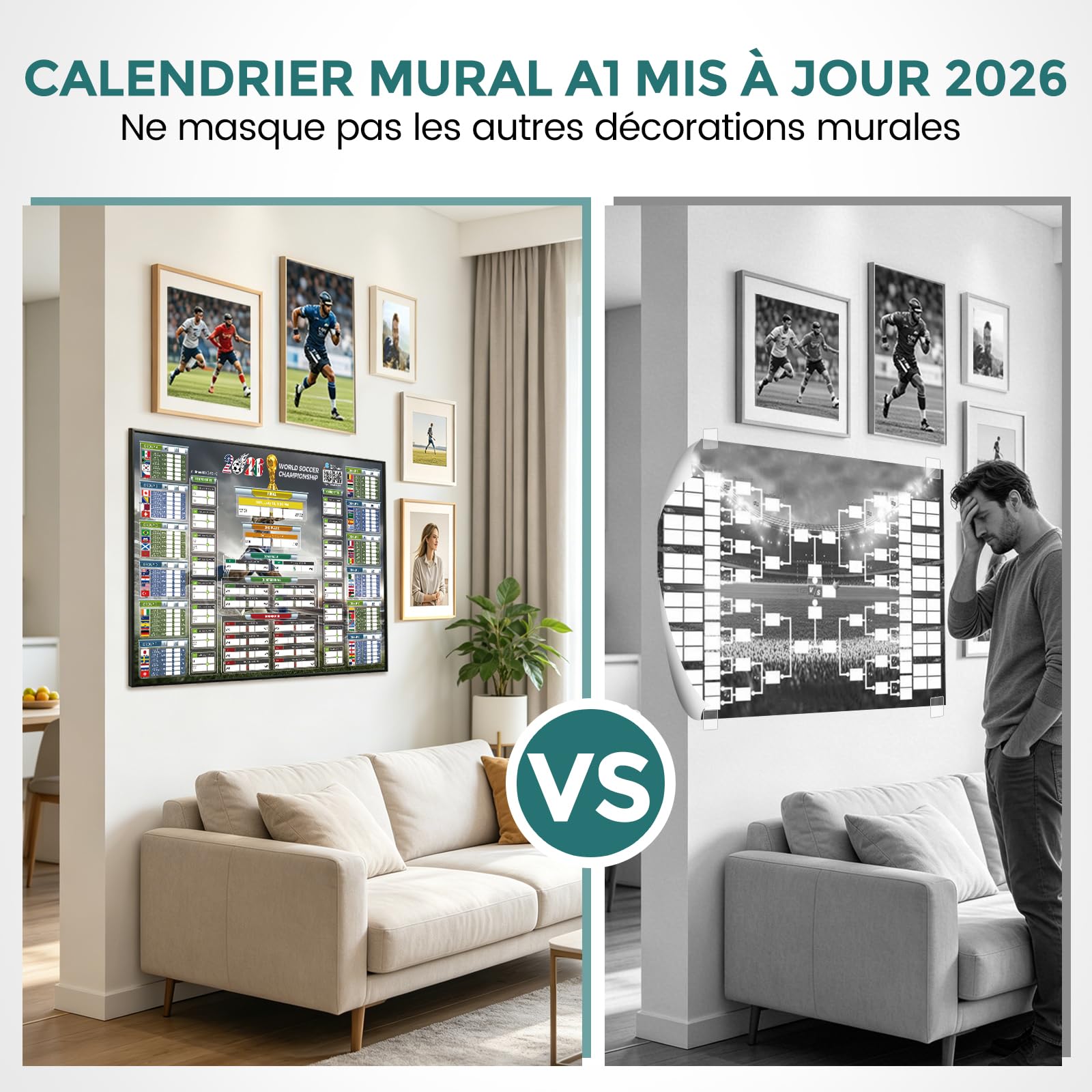 Calendrier Coupe du Monde 2026 QR code scores en direct 84.1x59.4 cm grand format police large Cadeau Fête des Pères