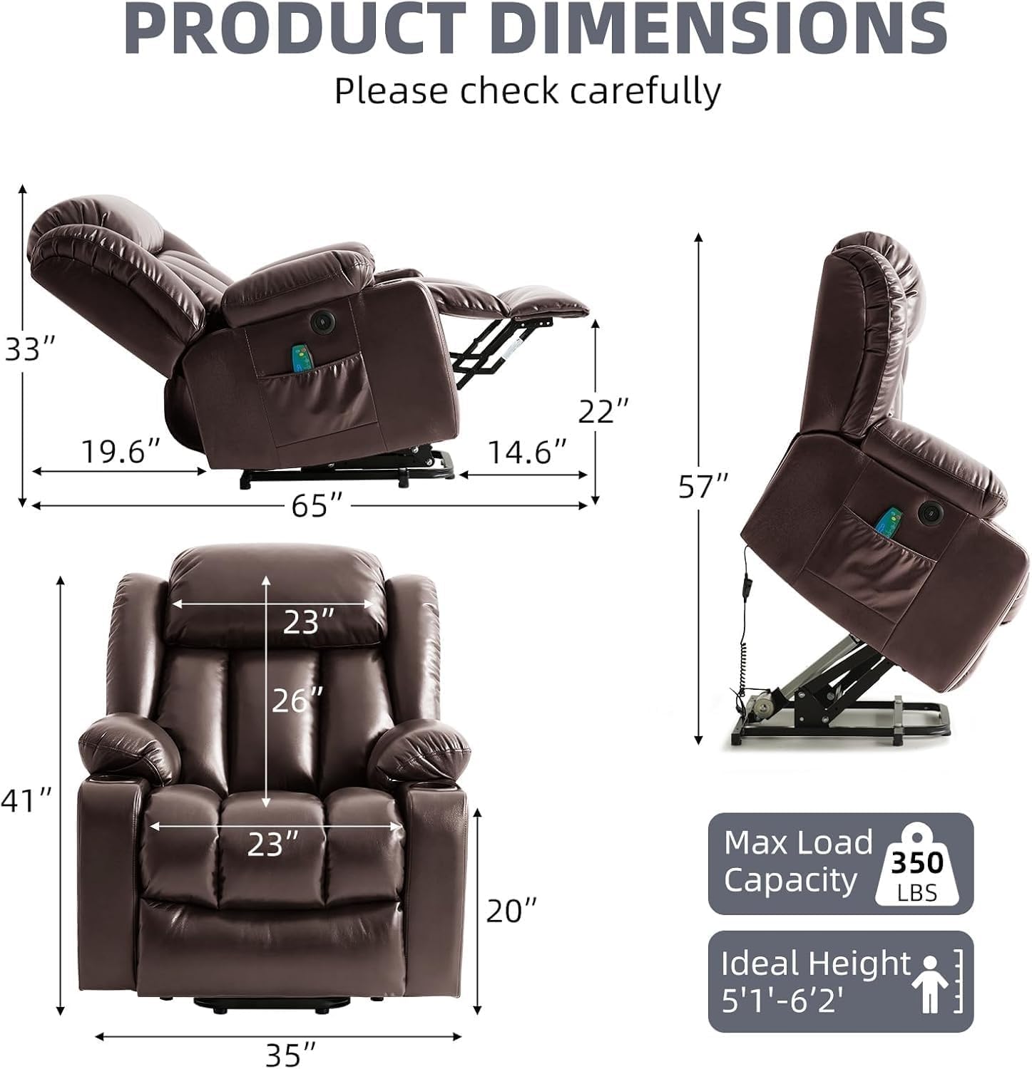 Genuine Leather Recliner Sofa with Oversized Power Lift, Heat and Massage, Remote Control, Cup Holders, USB Charging Ports, and Dual Motor Infinite Position for Adults