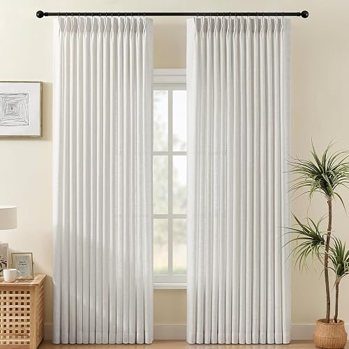 Pinch Pleated Linen Curtains 90 Inches Long 2 Panels for Living Room, Light Filtering Semi Sheer Curtain Pleated Back Tab Memory Trained Drapes with Hooks Rings for Bedroom, 40x90, Beige White