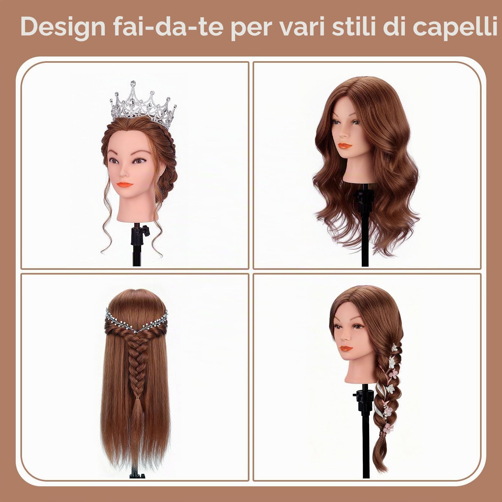 TopDirect 18" 100% veri capelli Testina Parrucchiere Testa Studio Parrucchiere Manichino Cosmetologia Formazione Parrucchiere Pratica Modello Capelli con Morsetto + Acconciature per Capelli