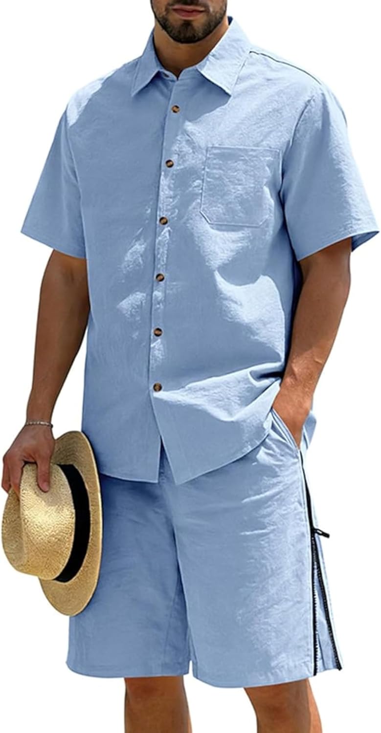 Men's 2 Pieces Outfits Casual Short Sleeve Button Down Shirt And Beach Shorts Set Summer Vacation Outfits For Men