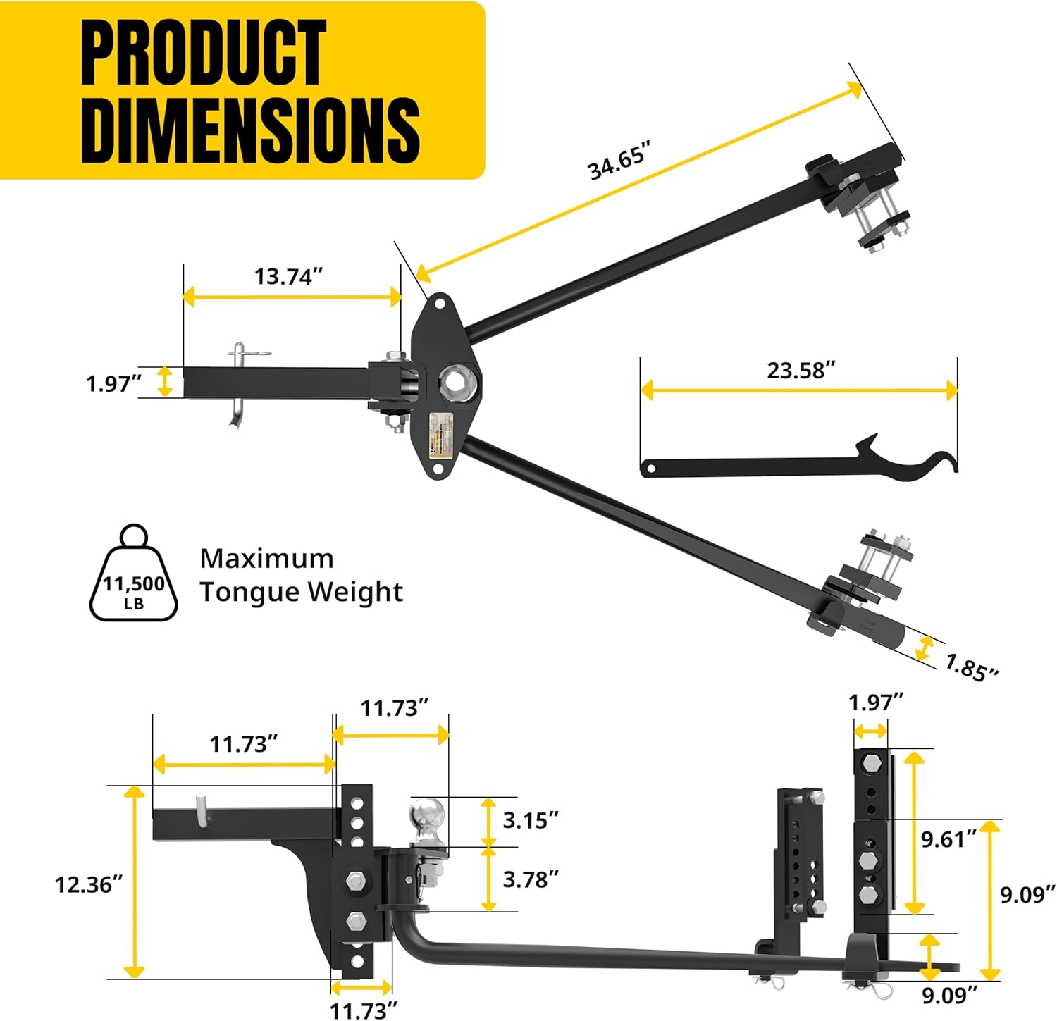 MaxxHaul 51191 Weight Distribution Hitch – 11,500 lb Capacity – Sway Control Kit with 2″ Solid Steel Shank & 2-5/16″ Hitch Ball – Powder-Coated Load Leveling Trailer Hitch, Black