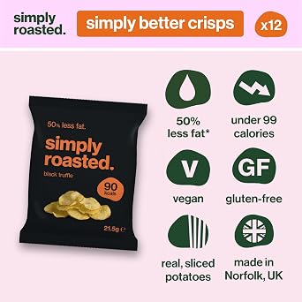 Simply Roasted - Black Truffle Crisps | 12 x 21.5g Impulse Bags | Earthy & Luxurious | Vegan | 50% Less Fat | Under 99 Cals Per Serve | Triple Cooked for the Ultimate Crunch | Gluten & Allergen-Free