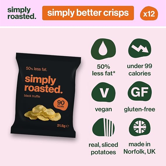 Simply Roasted - Black Truffle Crisps | 12 x 21.5g Impulse Bags | Earthy & Luxurious | Vegan | 50% Less Fat | Under 99 Cals Per Serve | Triple Cooked for the Ultimate Crunch | Gluten & Allergen-Free