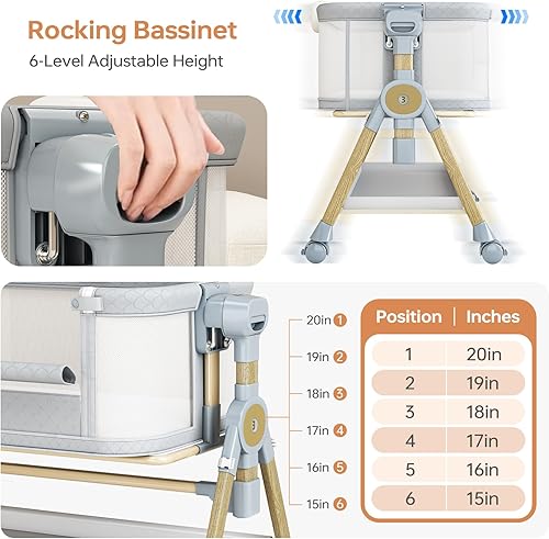 Miniatura 8 de Moisés 3 en 1 para bebé, cuna mecedora para bebé con ruedas, luz nocturna musical, cesta de almacenamiento, colchón, altura ajustable, cama mecedora