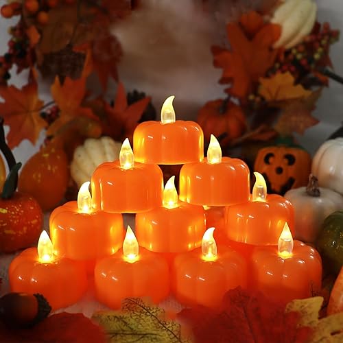 Miniatura 4 de CESOF Velas de té de calabaza, decoraciones de otoño, paquete de 12 luces LED de calabaza naranja, velas sin llama, funciona con pilas, vela