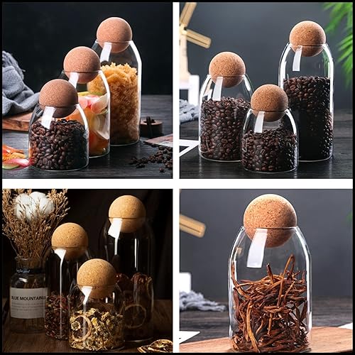Miniatura 8 de Paquete de 3 recipientes de almacenamiento de vidrio con bola de corcho, tarro de vidrio de 17 onzas16.9 fl oz con tapa de corcho, botella redonda