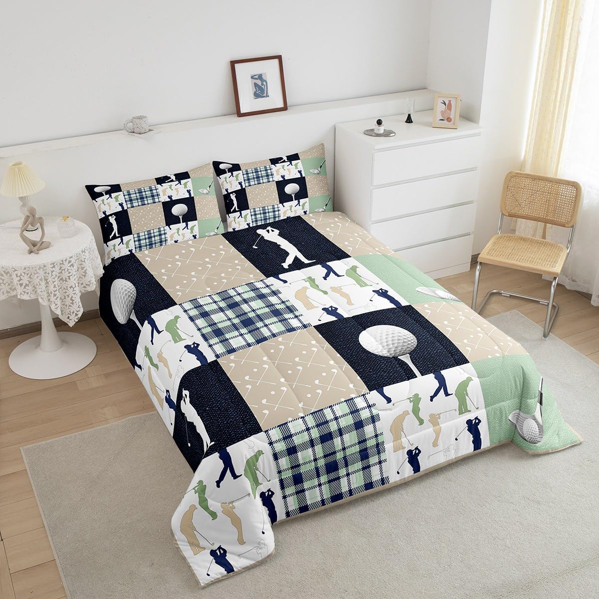 Castle Fairy Golf Plaid Comforter Set Queen Size,Ball Sports Lover Style Bedding Set for Women Adult,Green Buffalo Grid Geometric Luxury Bed Duvet Insert, 2 Pillowcases