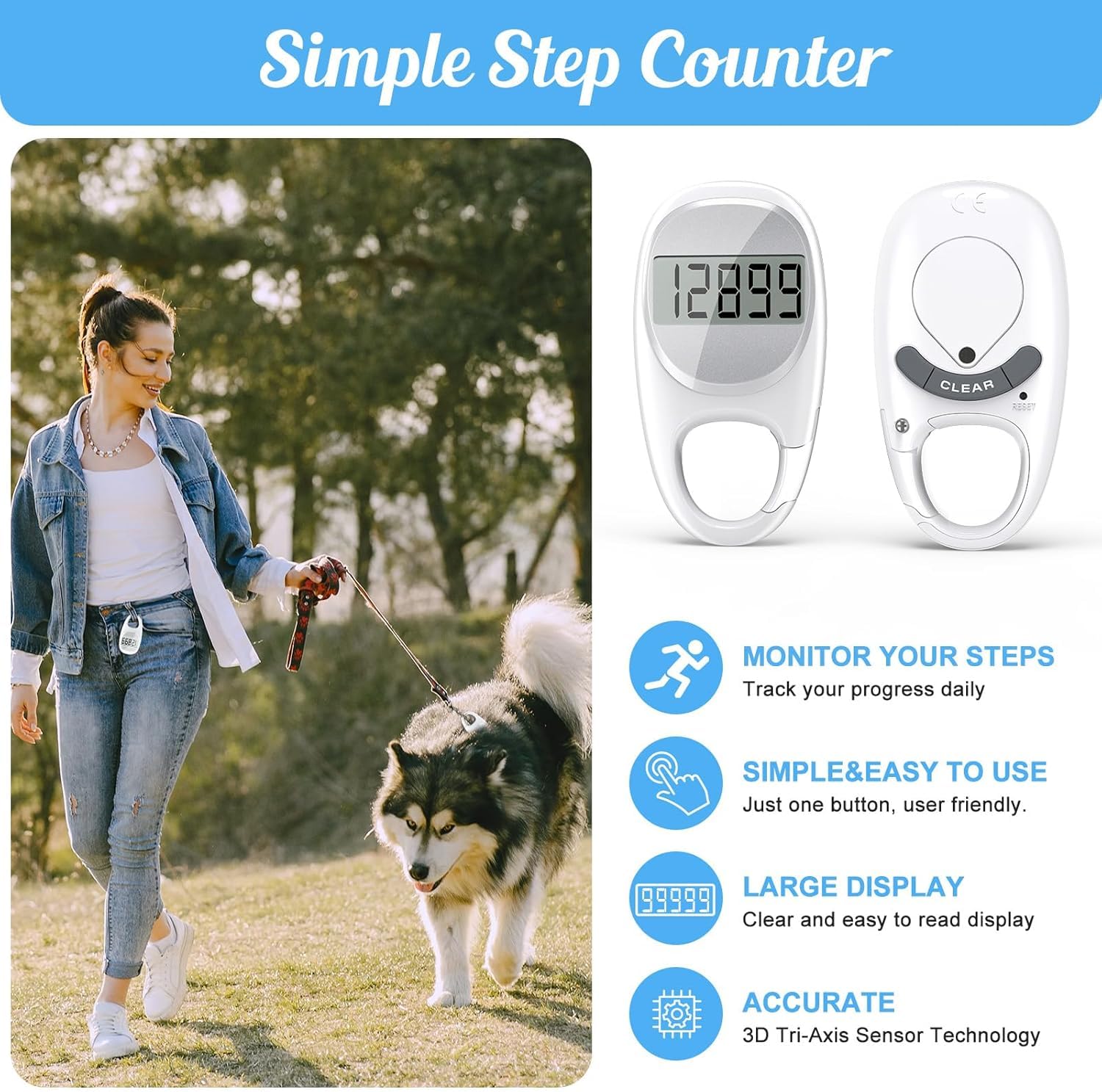 Simple Pedometer for Walking, Accurate Step Tracker with Carabiner, 3D Step Counter for Men Women Seniors - White