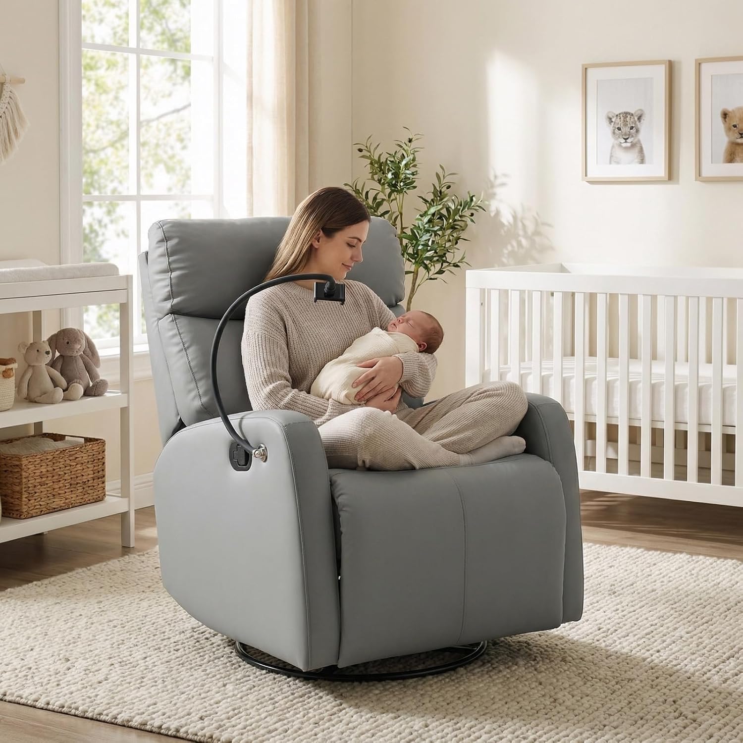 Havora Nursery Swivel Glider Recliner Chair, Rocking Chair for Nursery, 360° Swivel & Push Back Recline with Footrest, Small Space Nursery Rocker, Easy Clean PU Leather – Bule Grey