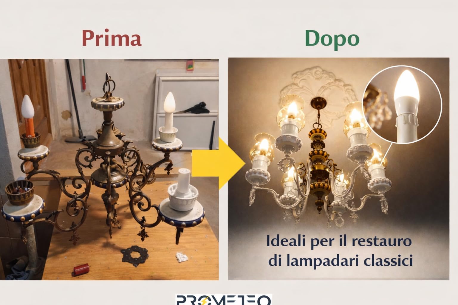 Kit 6 Portalampade E14 Finta Candela Bianca – Copricandela per Lampadari Classici e Vintage – Attacco E14 con Nipplo M10 e Vite di Sicurezza – Altezza 65 mm