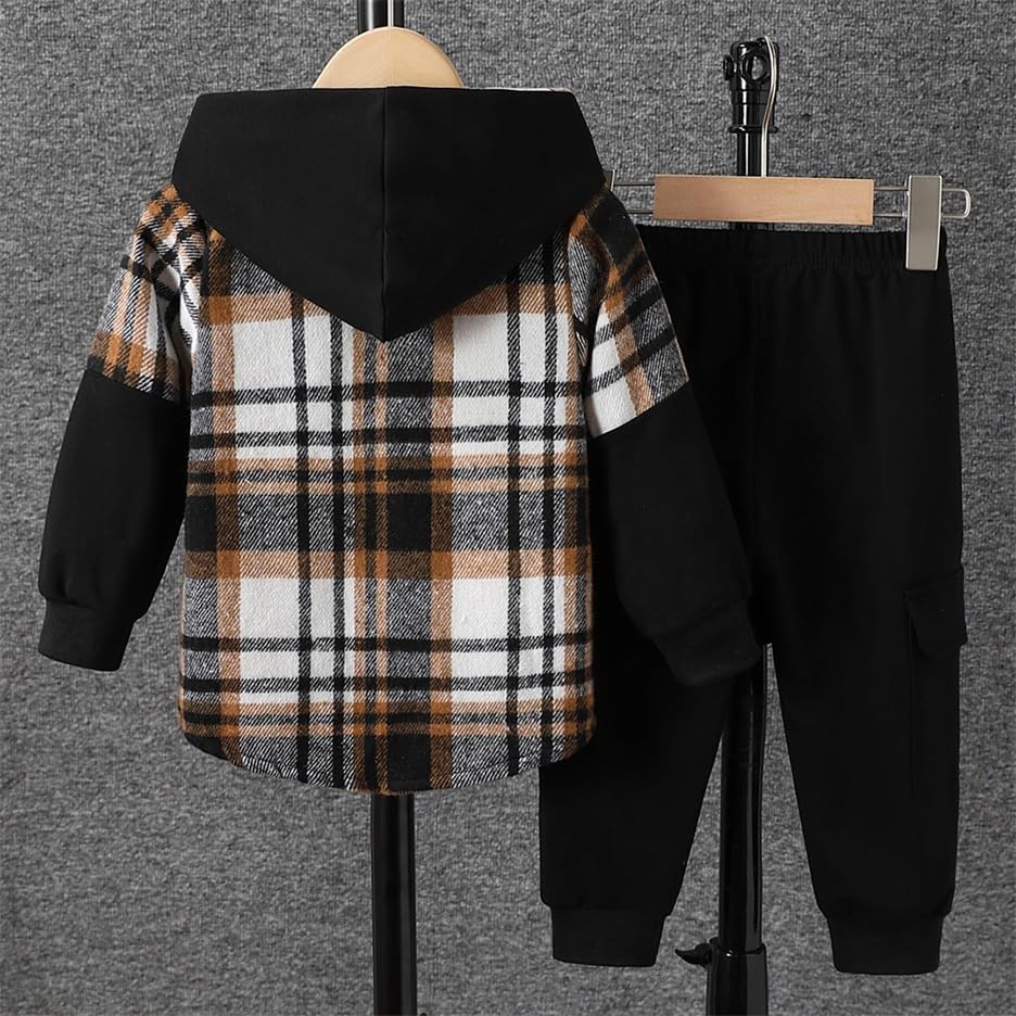 Image of OLMRJKD Toddler Baby Boy Clothes Plaid Long Sleeve Hoodie Sweatshirt + Pants 2pcs Boys Outfit Set