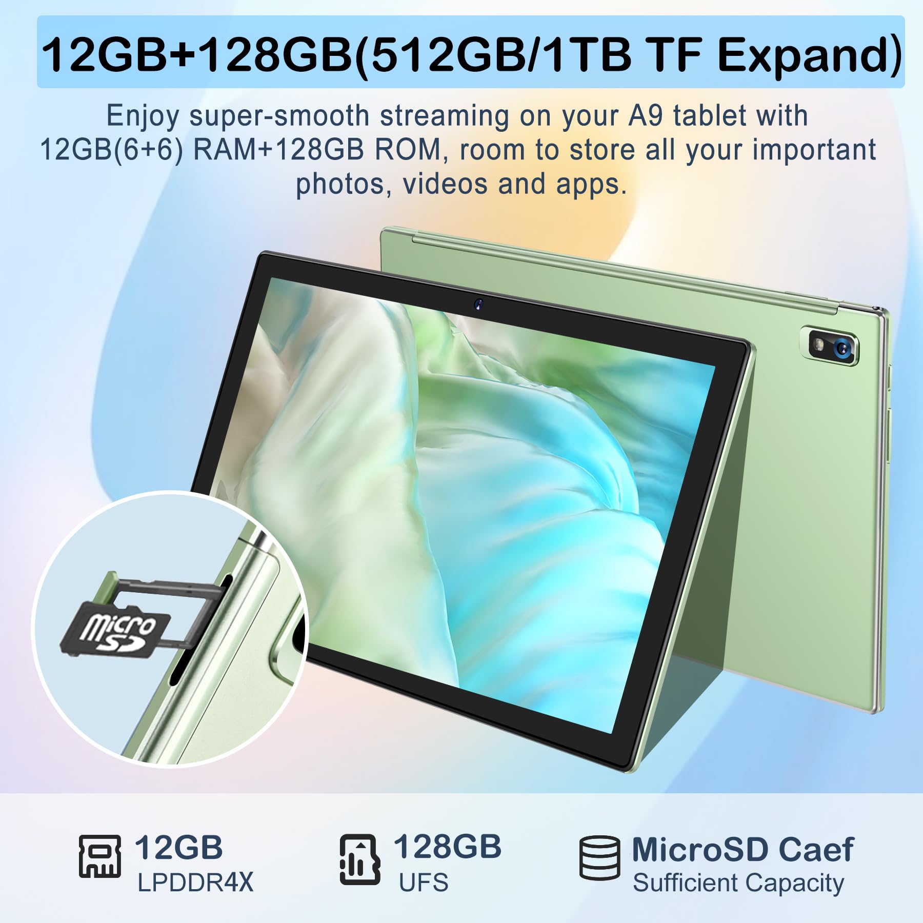 Oangcc Tablet 10 Pollici Android 13 OS Tablets con 5G WiFi, 12GB+128GB(TF 512GB/1TB), Octa-Core, Processore 2.0 GHz, 8000mAh, Schermo Widget, Controllo Parentale, Tablet con Tastiera+Mouse - Verde