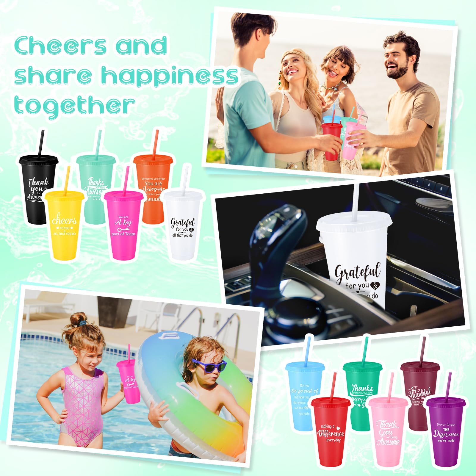 Skylety 24 Pcs Thank You Gifts 24 oz Tumbler Cup Inspirational Tumbler with Lid and Straw Reusable Plastic Bulk Tumblers Appreciation Gift for Coworker Women Mom Teacher Colleague Employee Volunteer