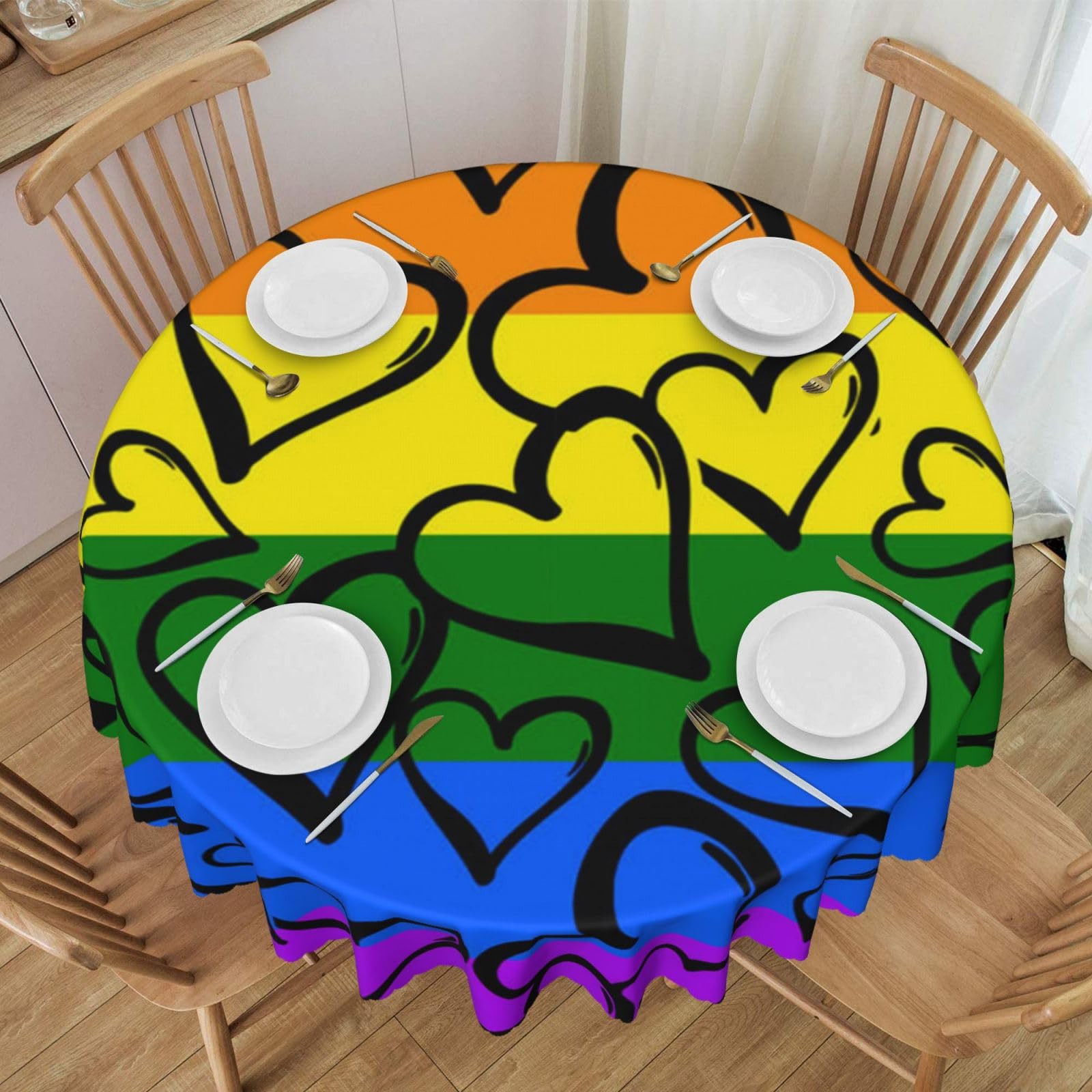 DCEHGEW 60 In Round Tablecloth with Lace, Gay Pride Rainbow Pattern Printed Oilproof & Washable Fabric Picnic Table Cloth Table Covers