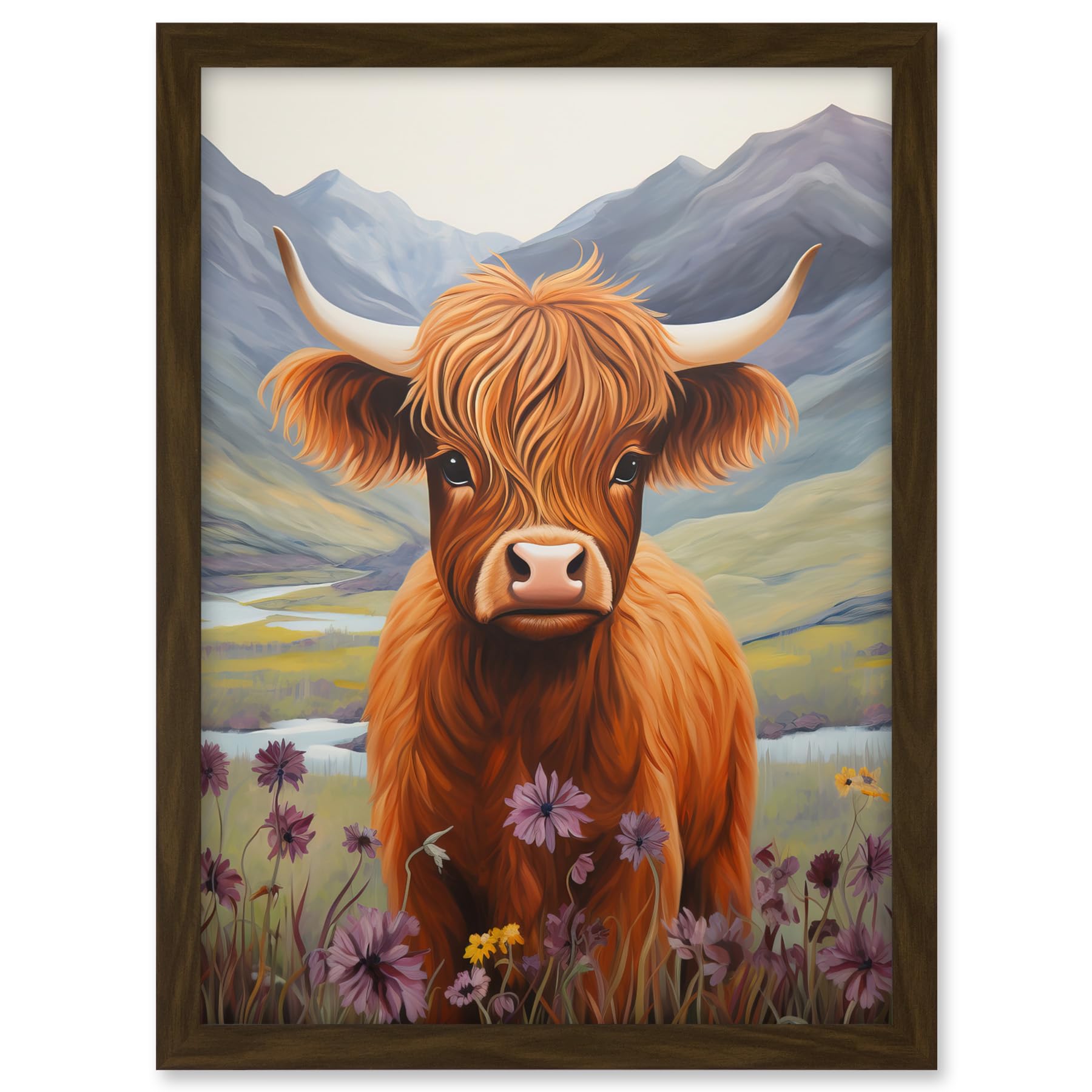 Artery8 Kids Bedroom Nursery Artwork Highland Calf Cow in Heather and Cornflower Glen Scotland Artwork Framed A3 Wall Art Print