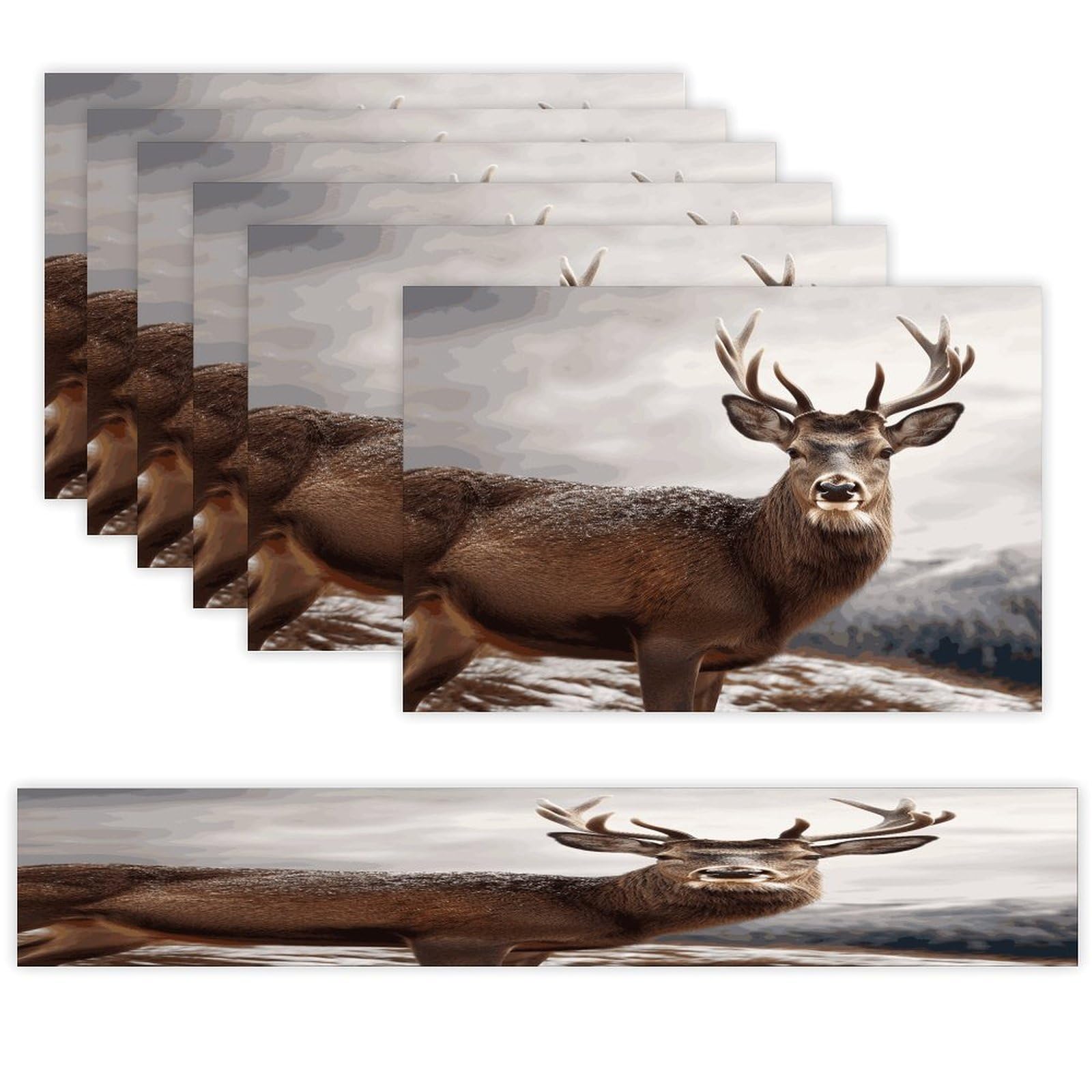Wild Animals Deer Table Runner and Placemats Set of 6 Wipe Clean Heat Resistant Table Mat with Table Runner Decorations Flax Linen Place Mat Set for Home Kitchen Party Supplies