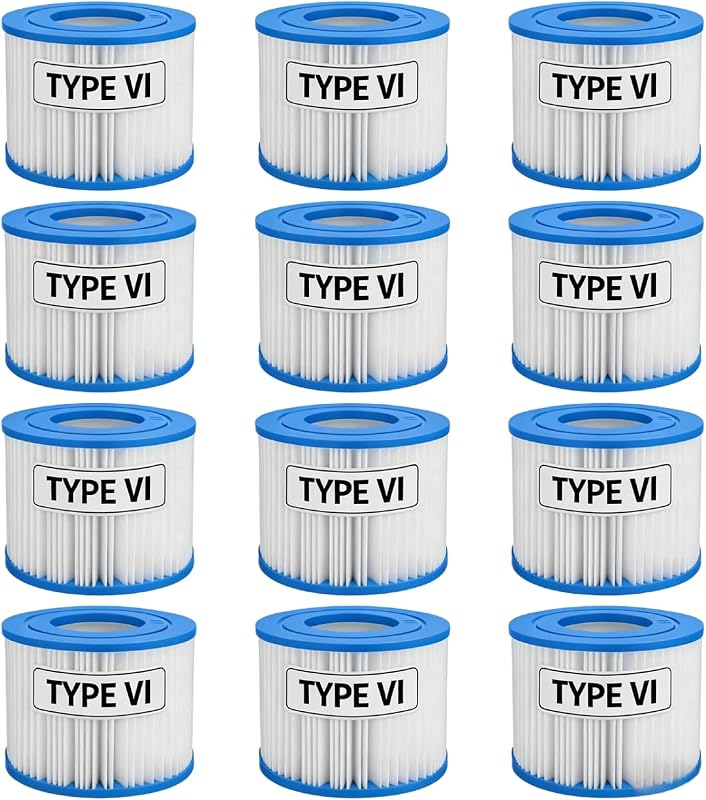 Type VI Hot Tub Filter Cartridge, Replacement for Inflatable | Fits Hot Tub & Pool Pump, Compatible with Lay-Z-Spa, Coleman SaluSpa 90352E 58323 90427E 90353E, 12 Pack