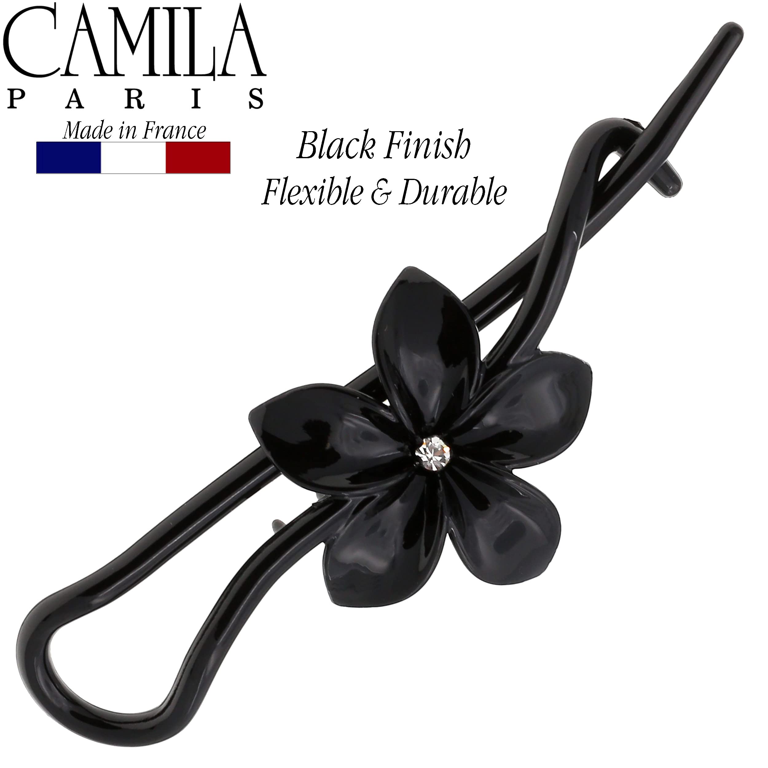Camila Paris CP1593 Französische Haarspange für Mädchen, Blume, schwarz, keine Metallteile, starker Halt, Haarspangen für Frauen, rutschfest, Haarschmuck für Mädchen, hergestellt in Frankreich