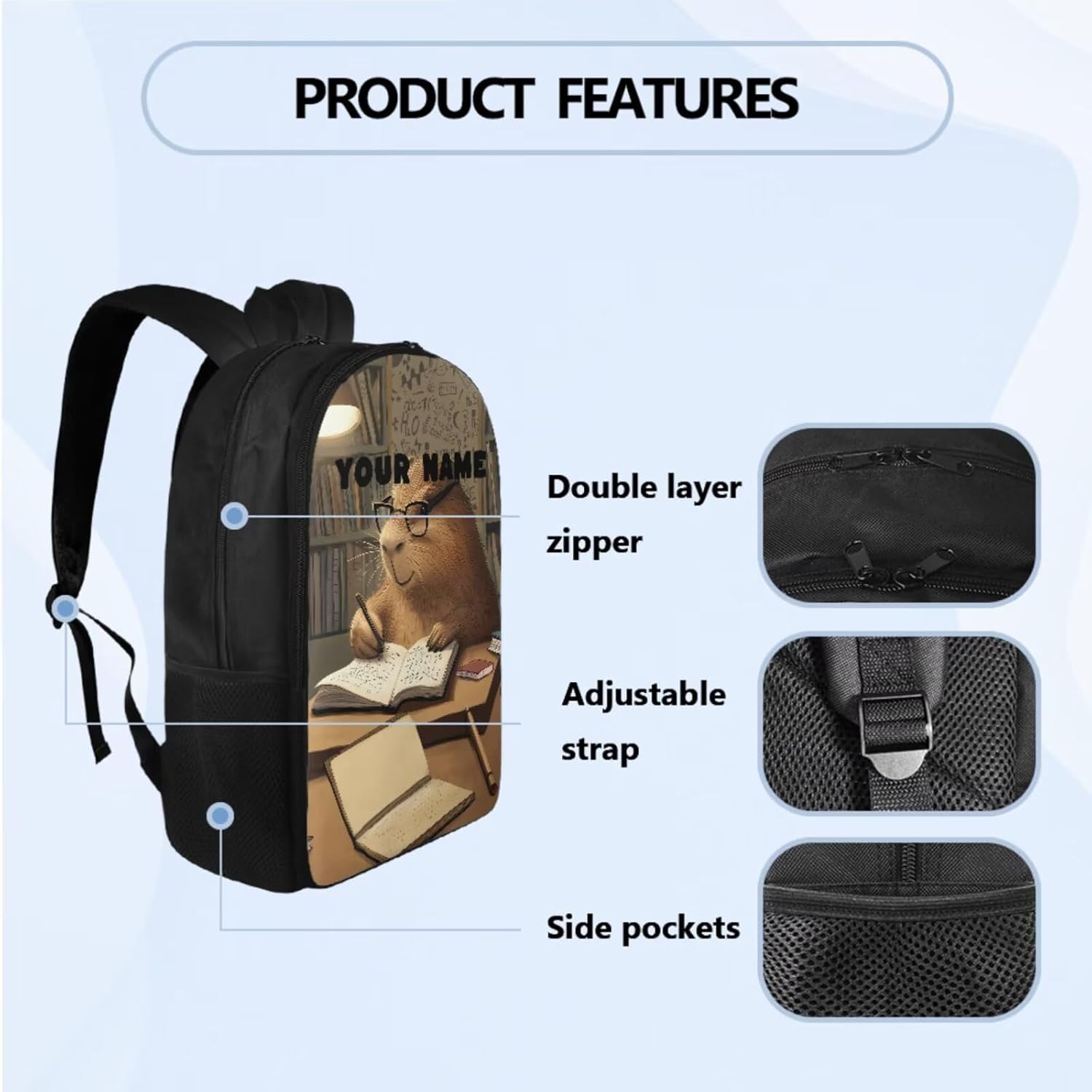 Custom Name Back Pack Cool Capybara Backpack with Lunch Box Personalized Backpack for 2nd Grade Kids Boys Back to School Pencil Case and Water Bottle Holder 4 Piece Set for Preschool