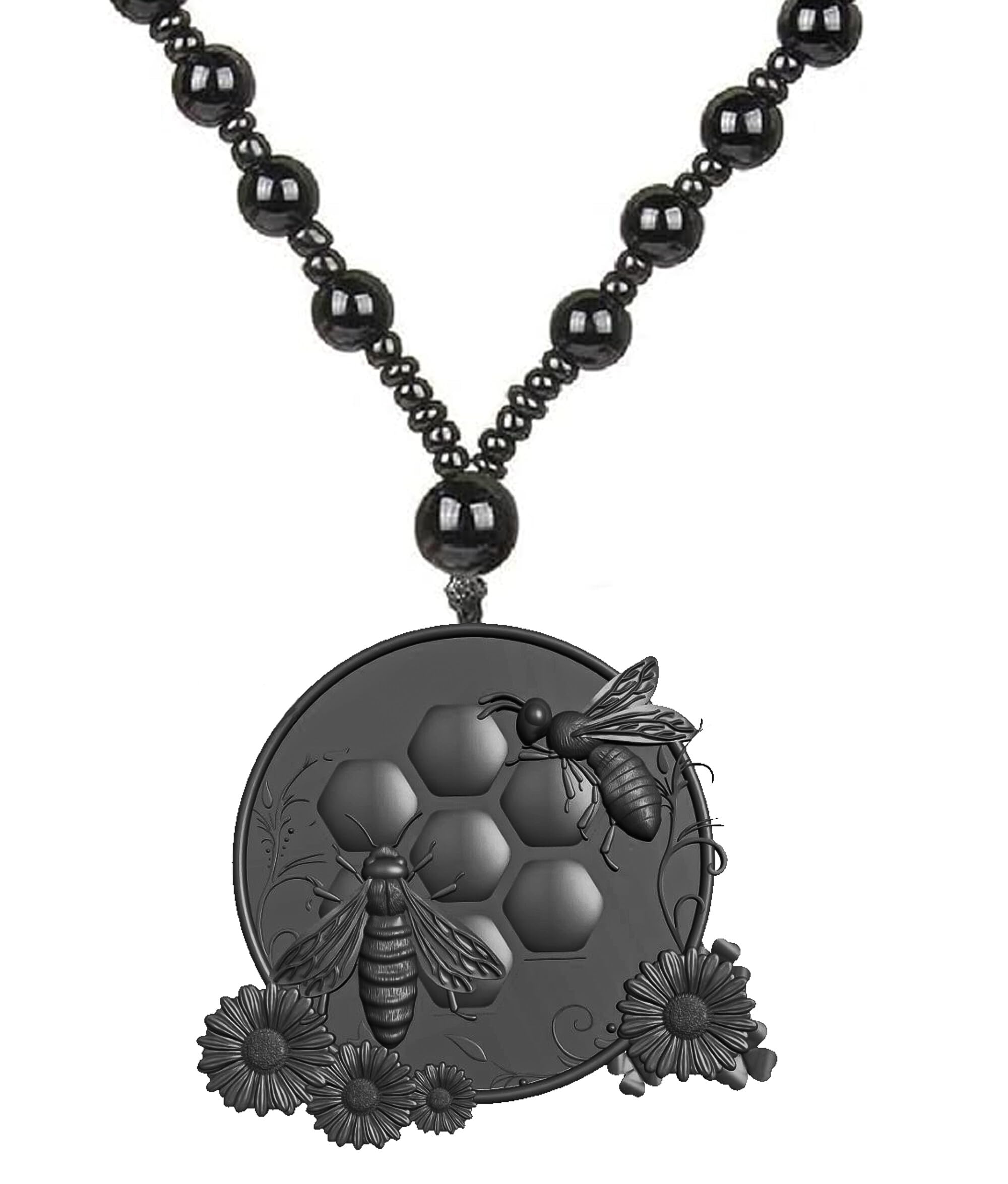 Black Bee & Honeycomb Pendant Necklace Handmade Resin Nature Charm Adjustable Beaded Chain Symbolic Jewelry Gift for Men & Women