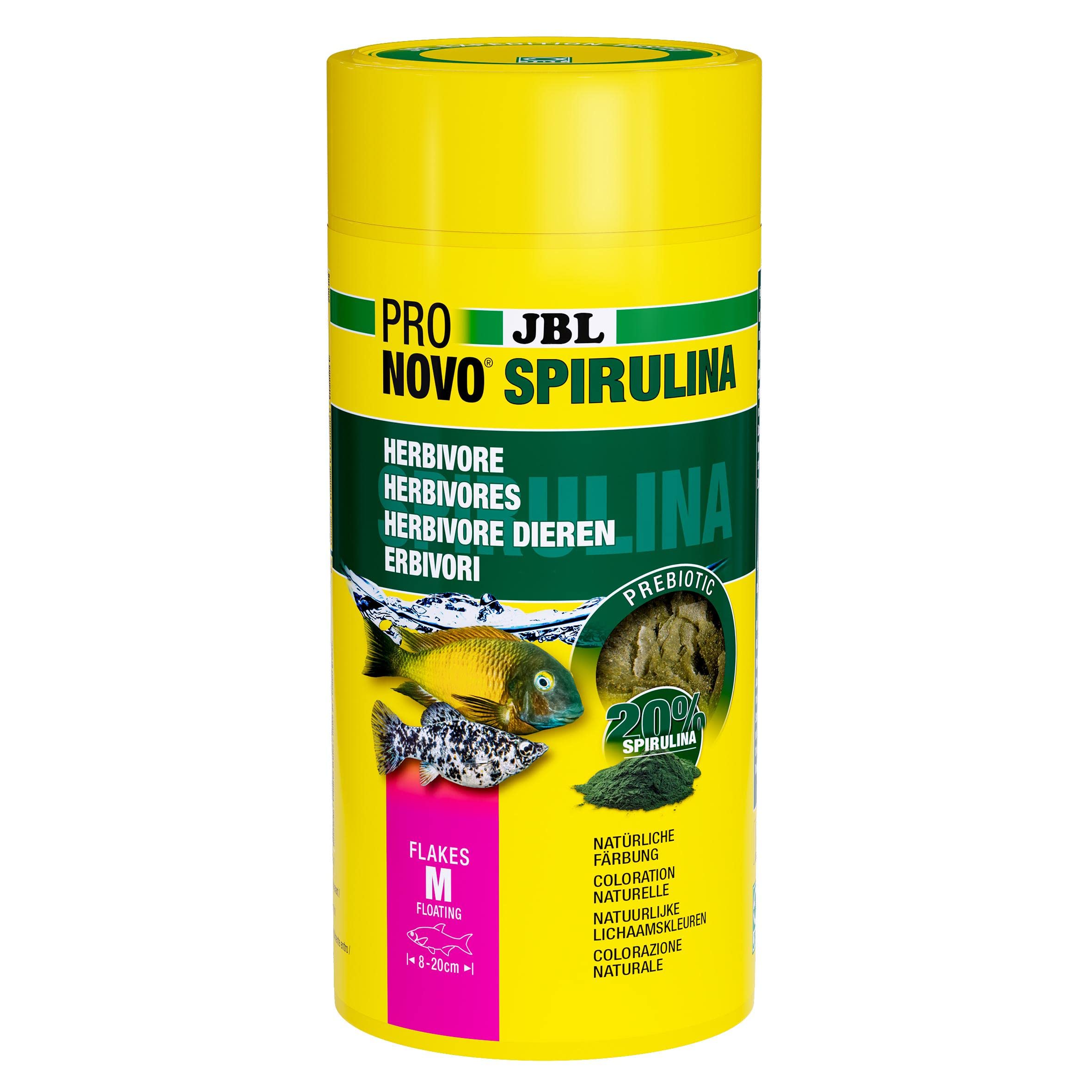 JBL PRONOVO SPIRULINA Flakes, pienso Verde para Todos los Peces de Acuario de 8 a 20 cm, Copos de Comida para Peces, Talla M, 1000 ml