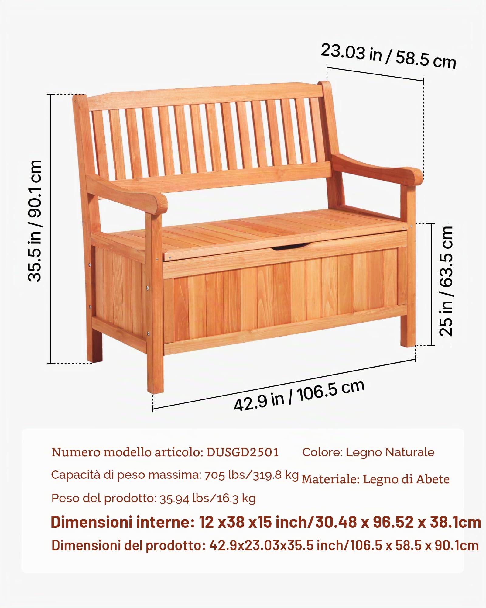 VEVOR Panca Portaoggetti da Esterno, in Legno di Cedro per 2 Persone, Panca Contenitore da 150 L con Maniglia, Supporta Fino a 319,8 kg, Seduta da Esterno, Decorazione per Veranda Terrazza Balcone