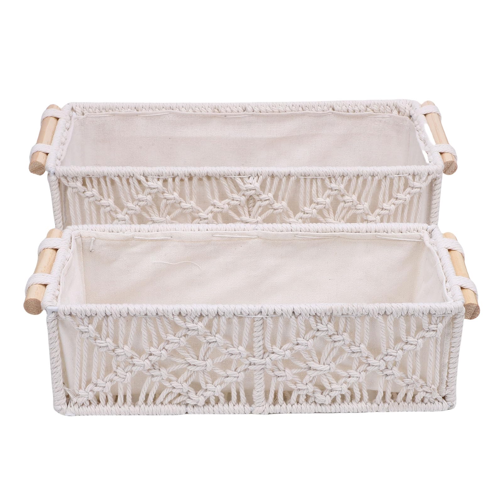Panier de rangement bohème en coton tressé main et bois noble