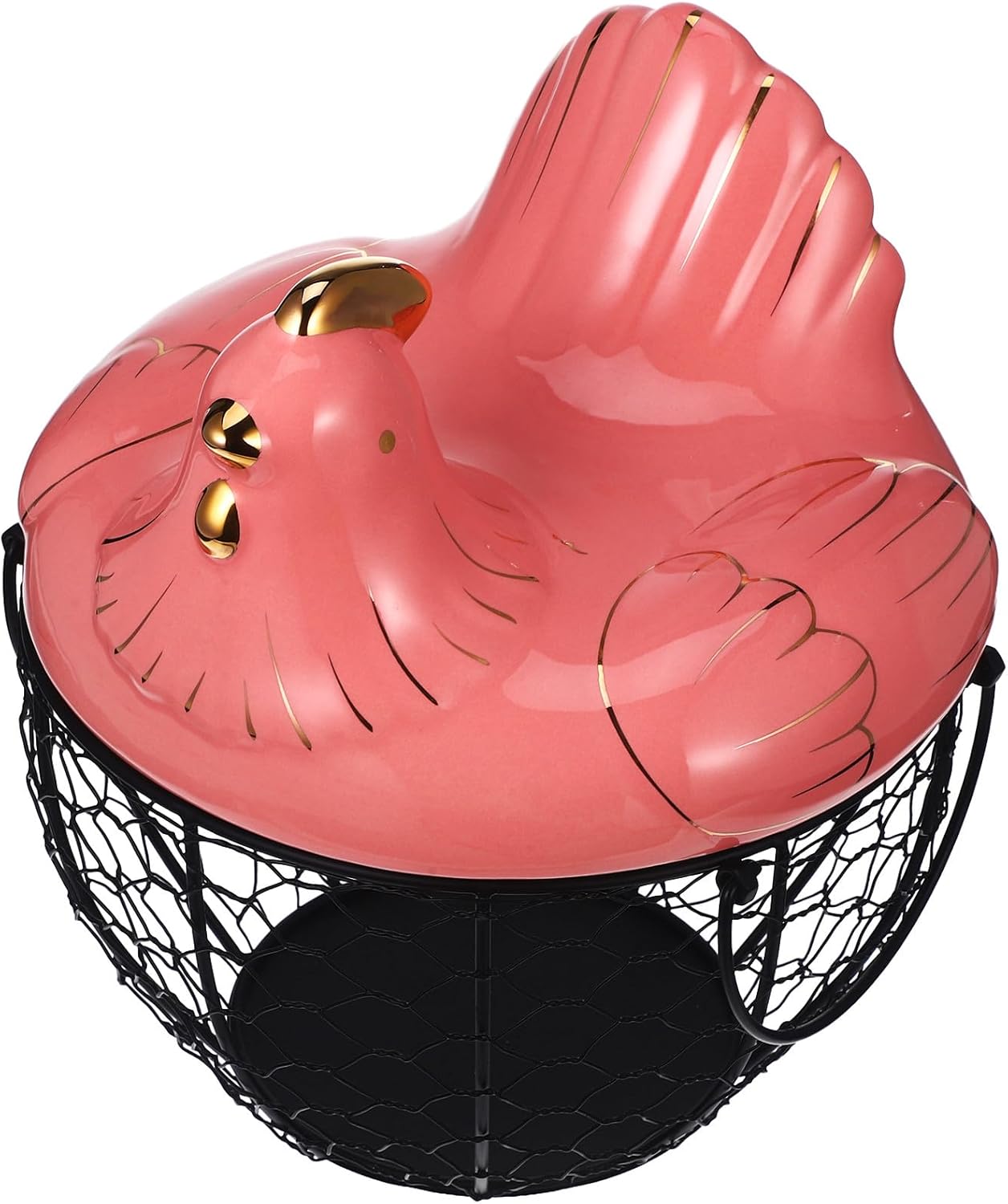 Iron Art Chicken Shape Egg Storage Basket, Pink Decorative Fruit Container Organizer for Kitchen Countertop, Rustic Farmhouse Style Egg Holder for Home Storage