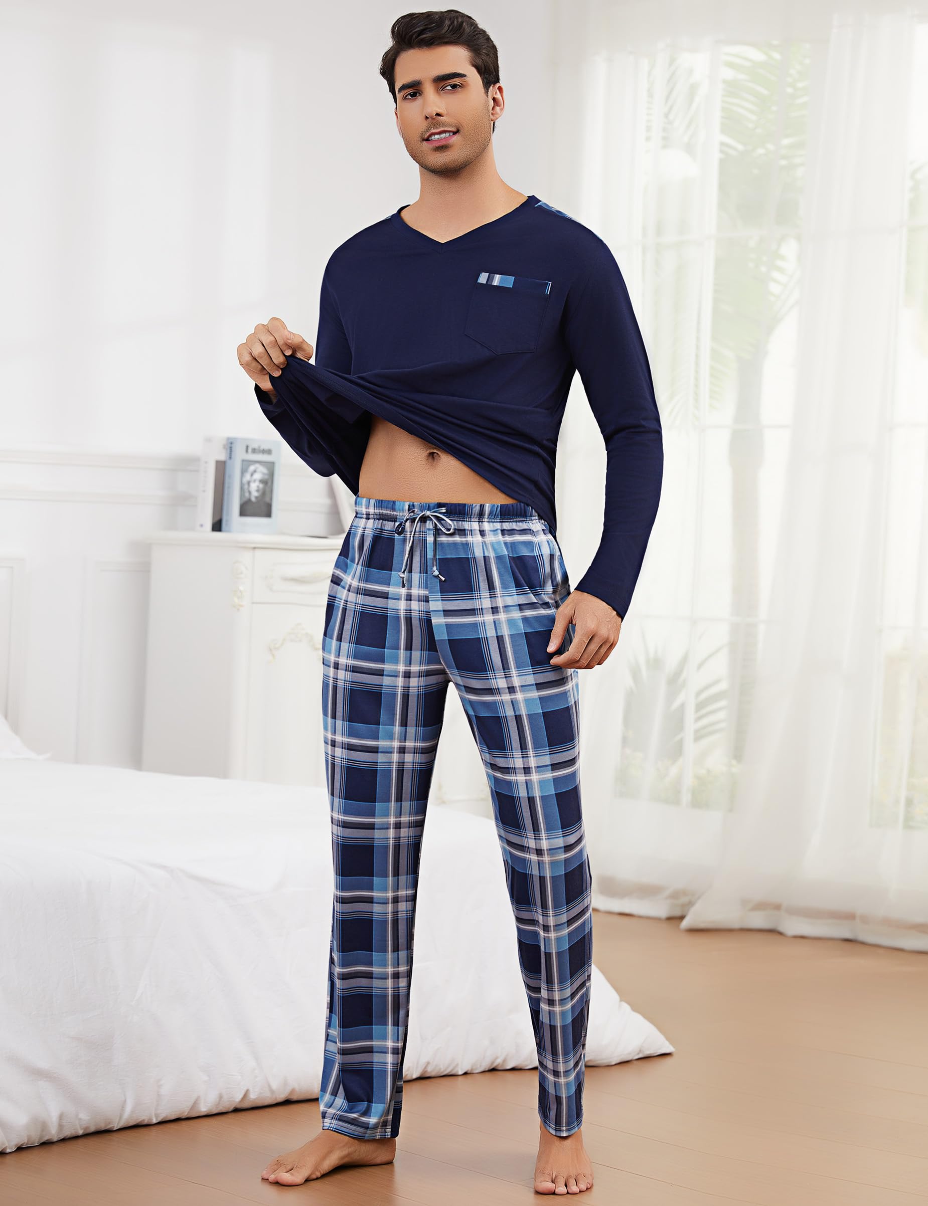 Litherday Pijama Hombre Invierno Algodón Conjunto de Pijama Hombre Manga Larga Camiseta con Bolsillos y Largo Pantalones de Pijama