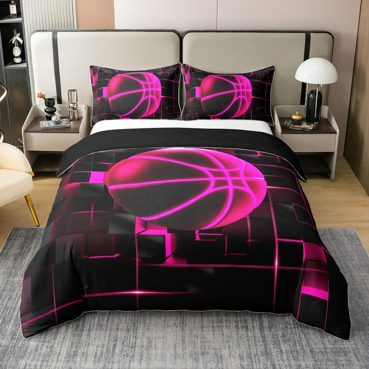 Housse de couette 220x240 coton basketball avec des motifs de néon