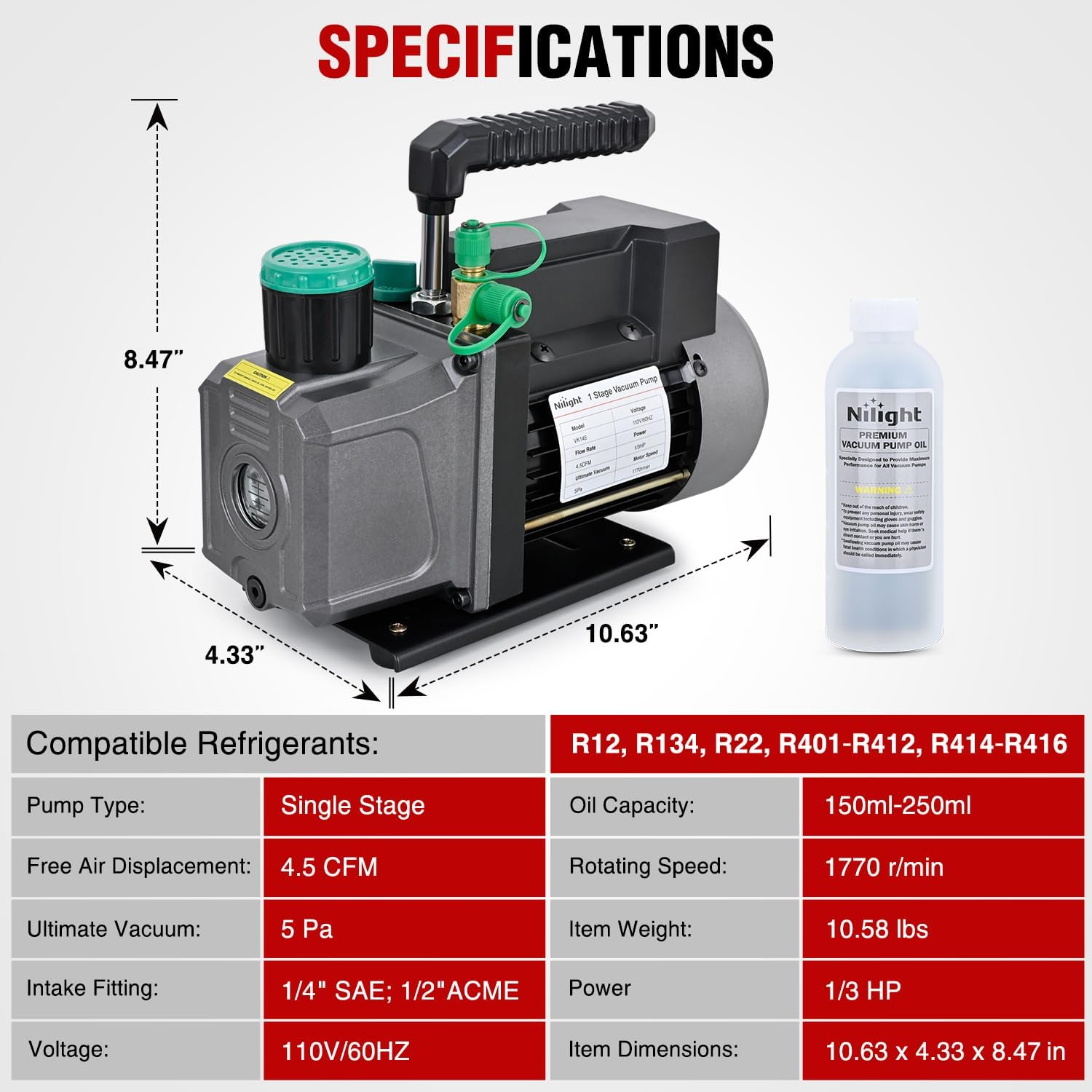 Nilight HVAC Vacuum Pump Kit 4.5 CFM 1/3 HP Single Stage R134A R22 R410A