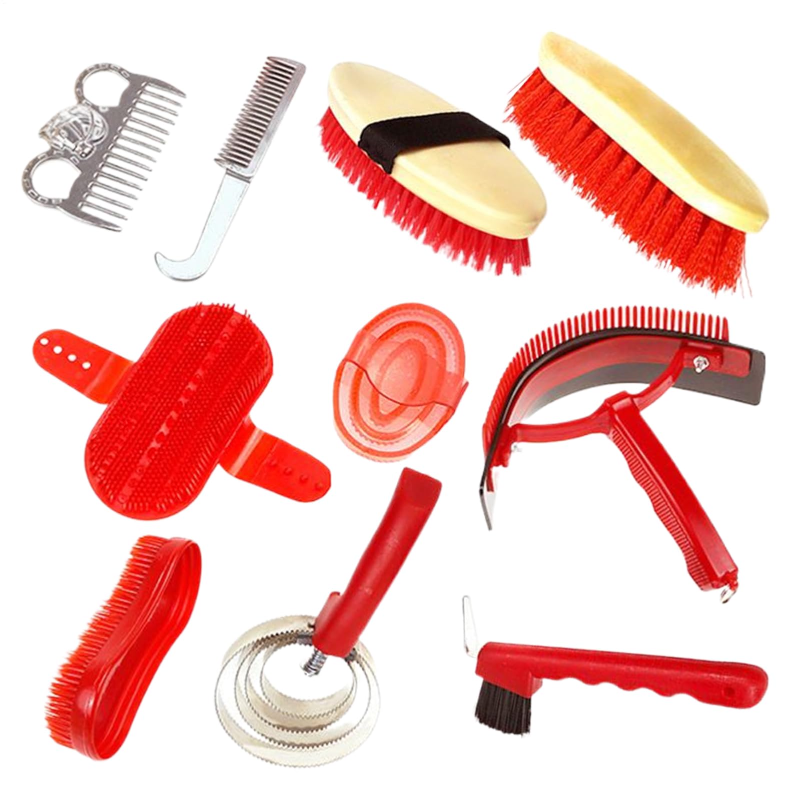 Aseo de caballos de alta calidad, herramienta de limpieza equina, kit de 10 piezas con cerdas suaves, juego de cepillos de madera duradero, cepillo de caballo con mango cómodo, kit de aseo para uso
