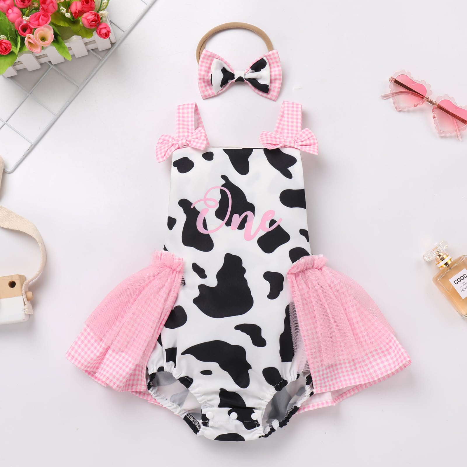 Baby Girls 1st Birthday Outfit Cow Print Sleeveless Ruffle Romper First Birthday Dresses Bowknots Headband Newborn Backless Summer Cake Smash Clothes for Photo Shoot Pink Cow 6-9 Months