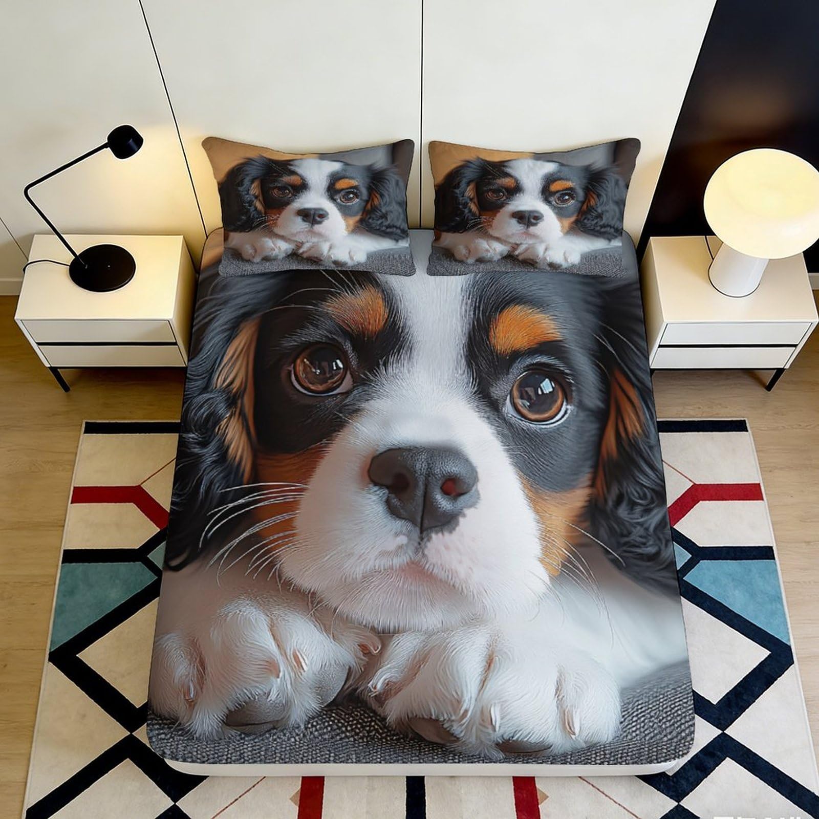 3D Printed Cute Puppy Fitted Sheet Microfiber Soft Breathable Dog Face Mattress Cover for Bedroom Dorm Decor 90x200x25cm