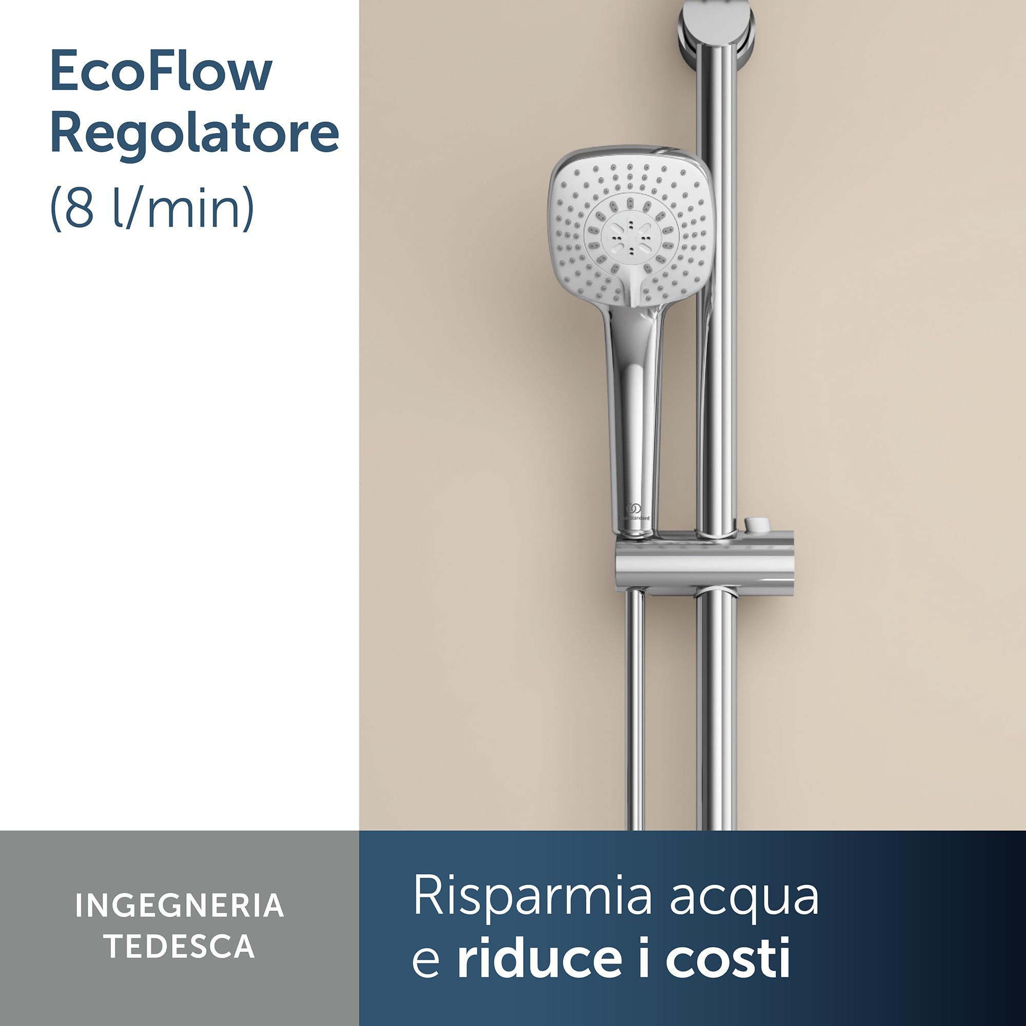 Ideal Standard – Doccia a mano Idealrain Cube, soffione doccia a risparmio idrico con 3 tipi di getto (pioggia, cascata e massaggio) tramite interruttore rotante, cromato