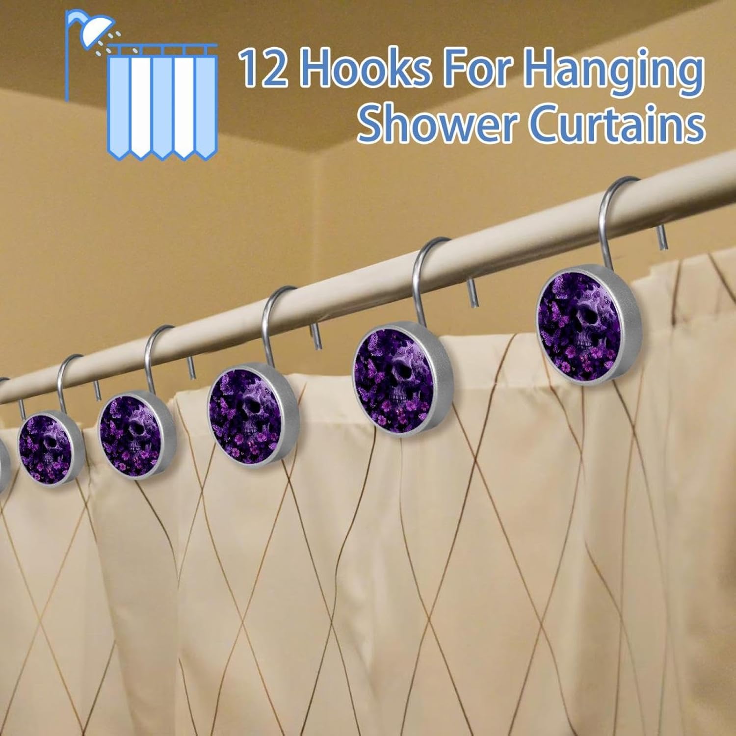 12PCS Skull Purple Butterflies (2) Shower Curtain Hooks Rings for Bathroom, Decorative Shower Curtain Hooks Rods Curtains and Liner