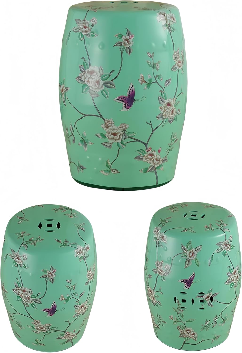 Ceramic Drum Garden Stool, Flower and Butterfly, Classic, Cottage, Country,Living Room, Bathroom, Balcony, Patio (Blue&Green)