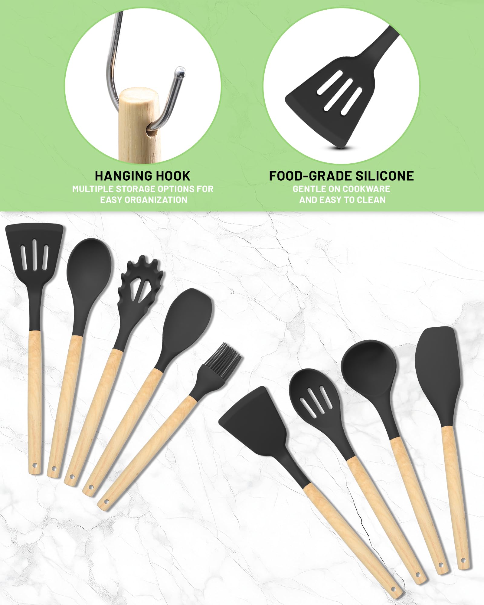19 Pezzi Set di Coltelli da Cucina - Utensili da Cucina in Silicone con 5 Coltelli per Pentole Antiaderenti, con Scatola di Stoccaggio
