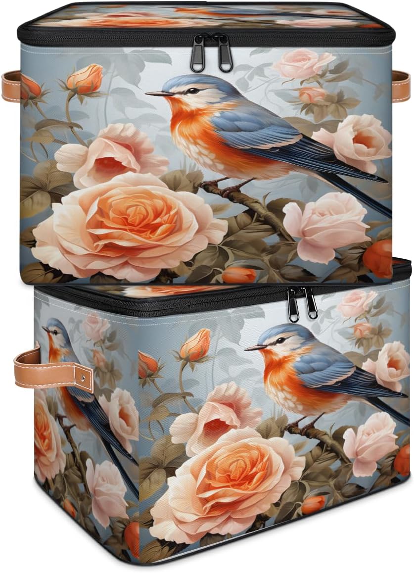 Storage Bin Set of 2 Bird Flower Storage Basket with Zipper Lid & Handle Foldable Closet Shelf 2 Pack Cloth Organizer Basket Cube Bins Clothes Organizer for Bedroom, Nursery