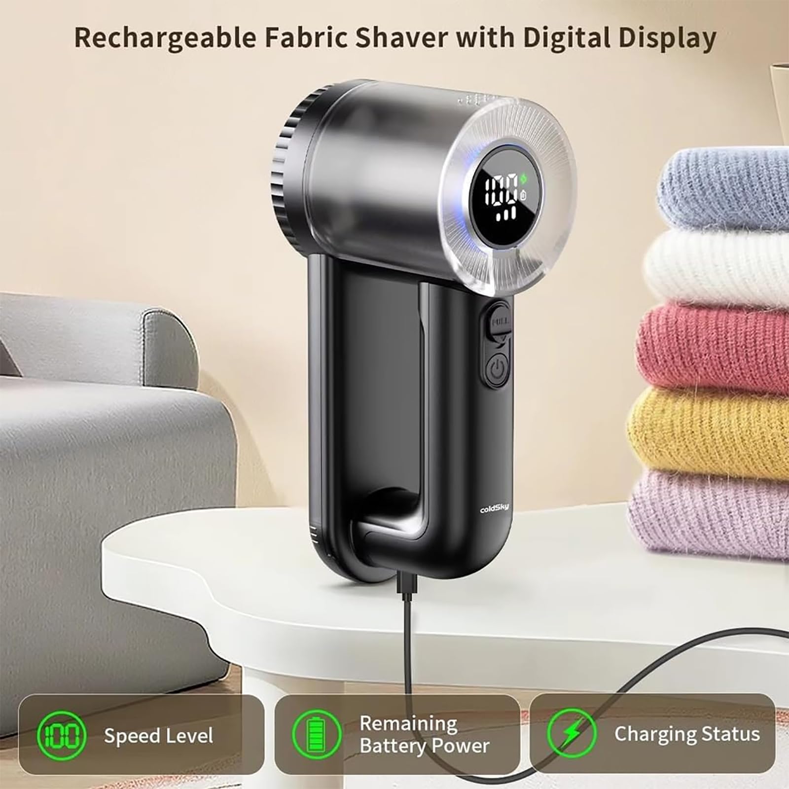 Quitapelusas Recargable, Quitapelusas Comercial Eléctrico con Cuchillas De 6 Hojas con Pantalla LED, 3 Velocidades Ajustables, Protección De Apagado Automático para Ropa, Alfombra Y Sofá