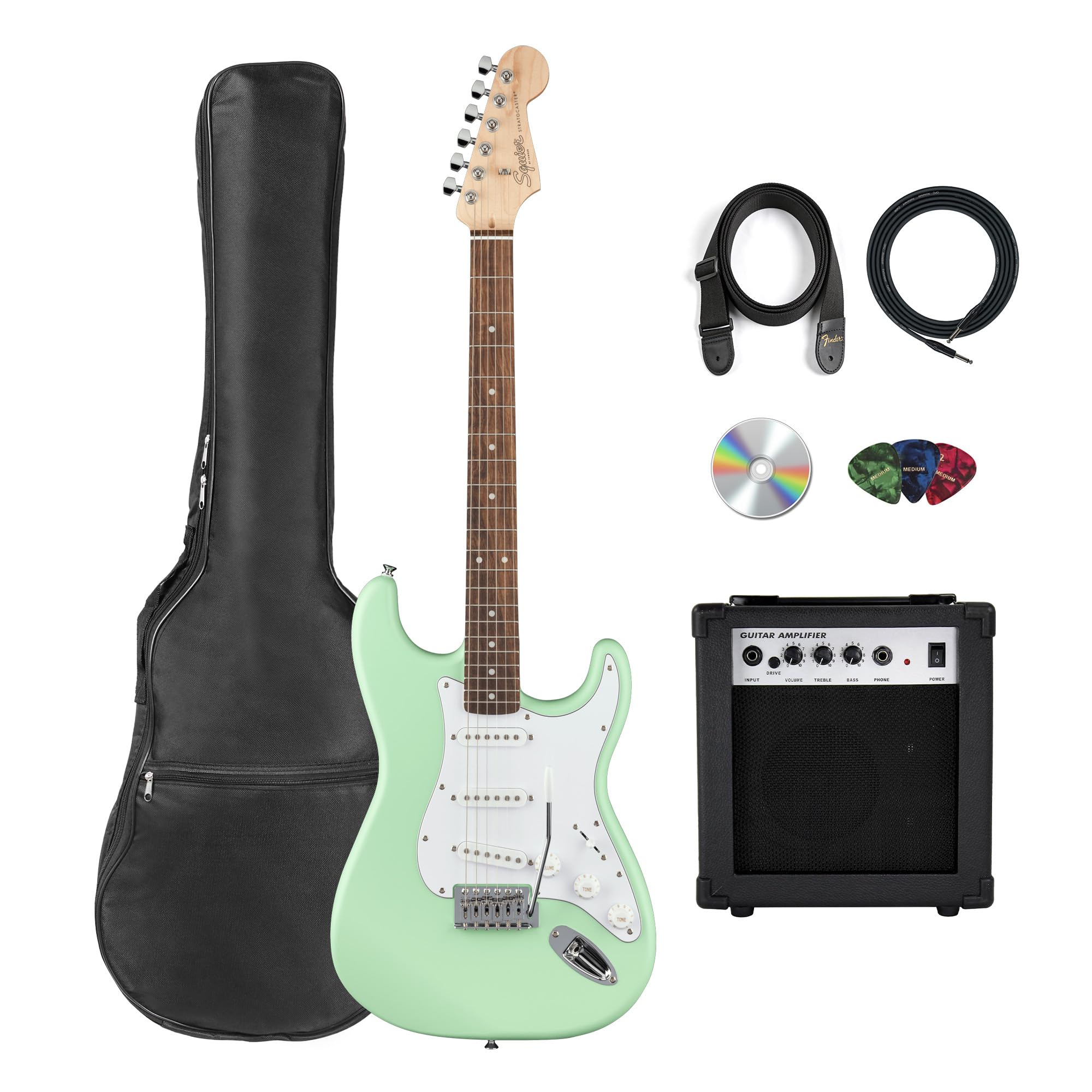 Fender Squier Stratocaster Electric Guitar - Surf Green Bundle with Amplifier, Gig Bag, Cable, Strap, Picks, and Austin Bazaar Instructional Video