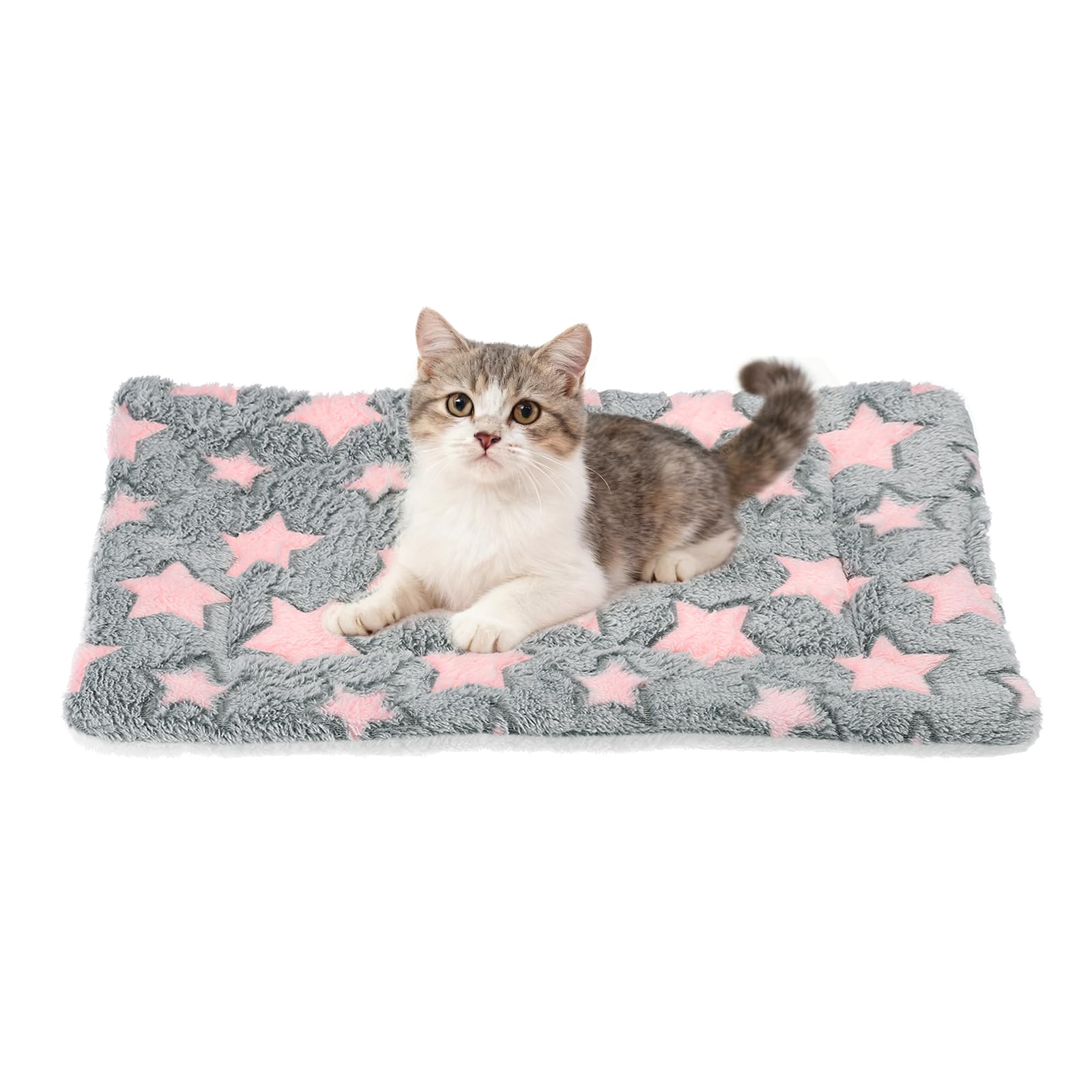 sourcing map Dog Cat Bed Mat, Soft Coral Fleece Pet Cushion Pad with Cute Star Print, Warm Washable Pet Bed 19x13 Inches, (Gray Pink), Intended for Medium Small Dog Cat