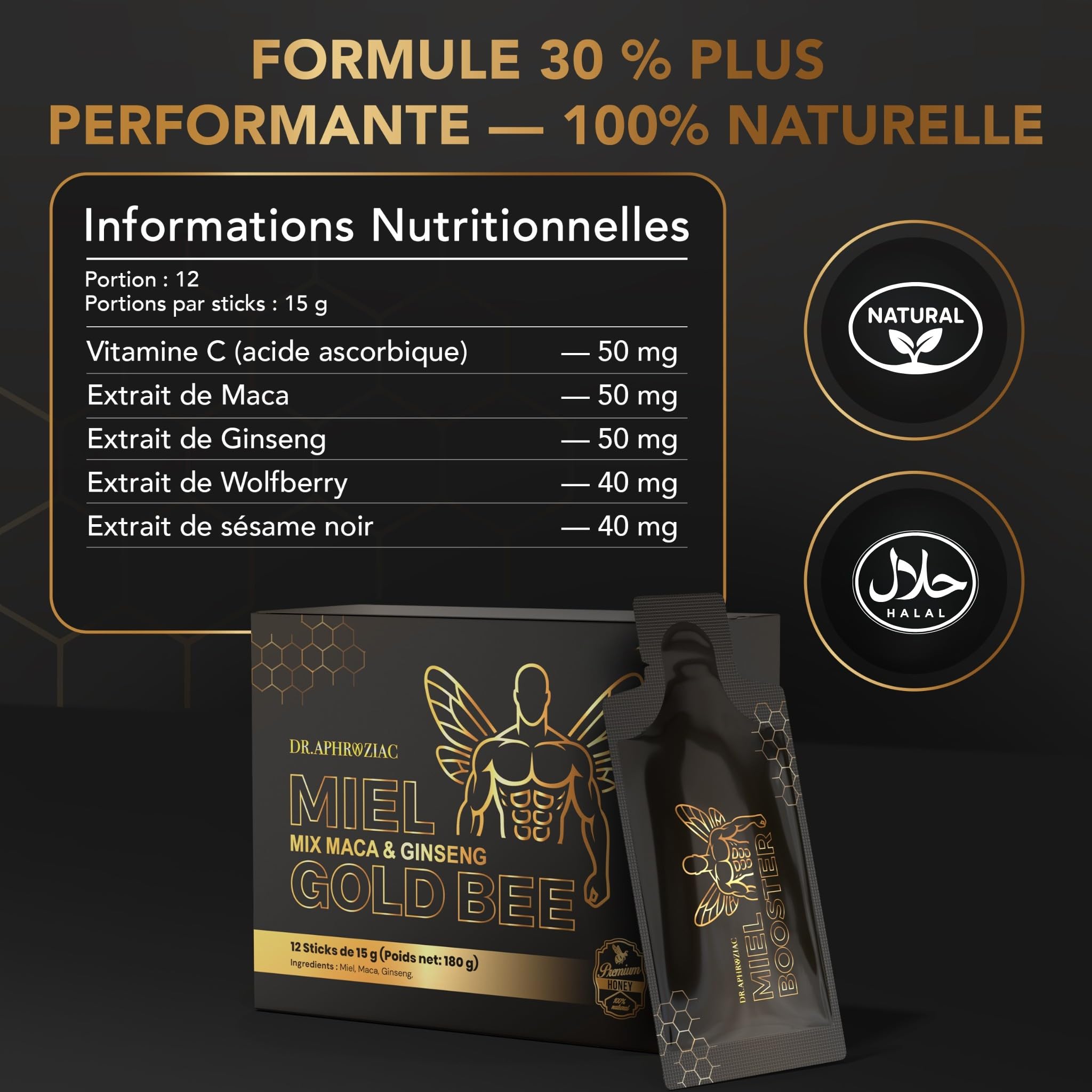 Miel by DR.APHROZIAC – 12 sticks pratiques de 15 g – Maca & Ginseng – Saveur douce, texture soyeuse – Une expérience authentique et distinguée
