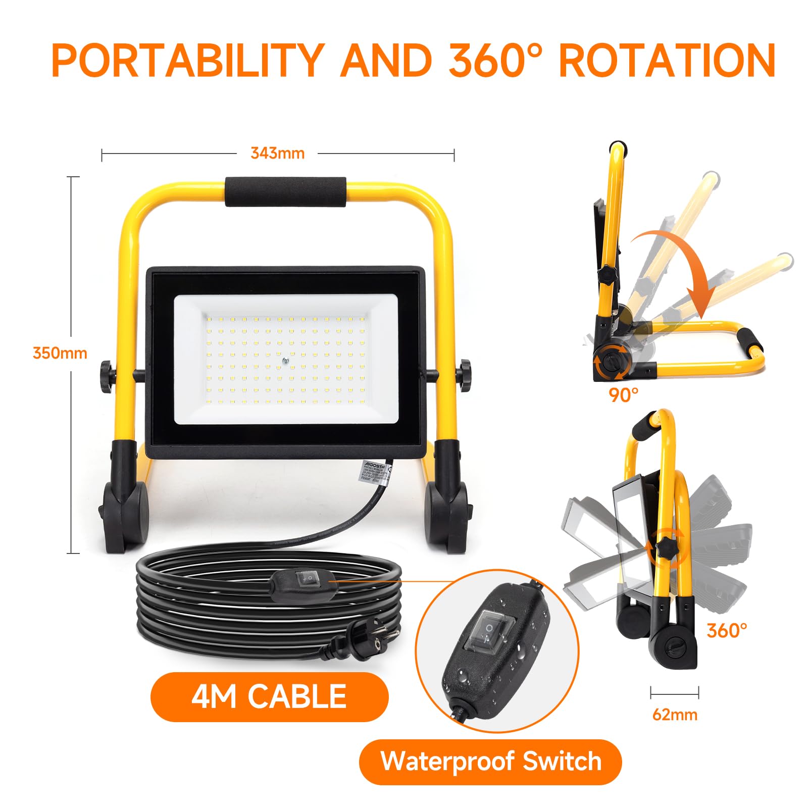 Aigostar Foco de Trabajo LED 100W,9000LM,Foco LED Portátil con Cable de 4M,Enchufes Con Interruptor Estanco,IP65 Impermeable,Soporte plegable,Uso en Interior y Exterior, 6500K, 4 pcs
