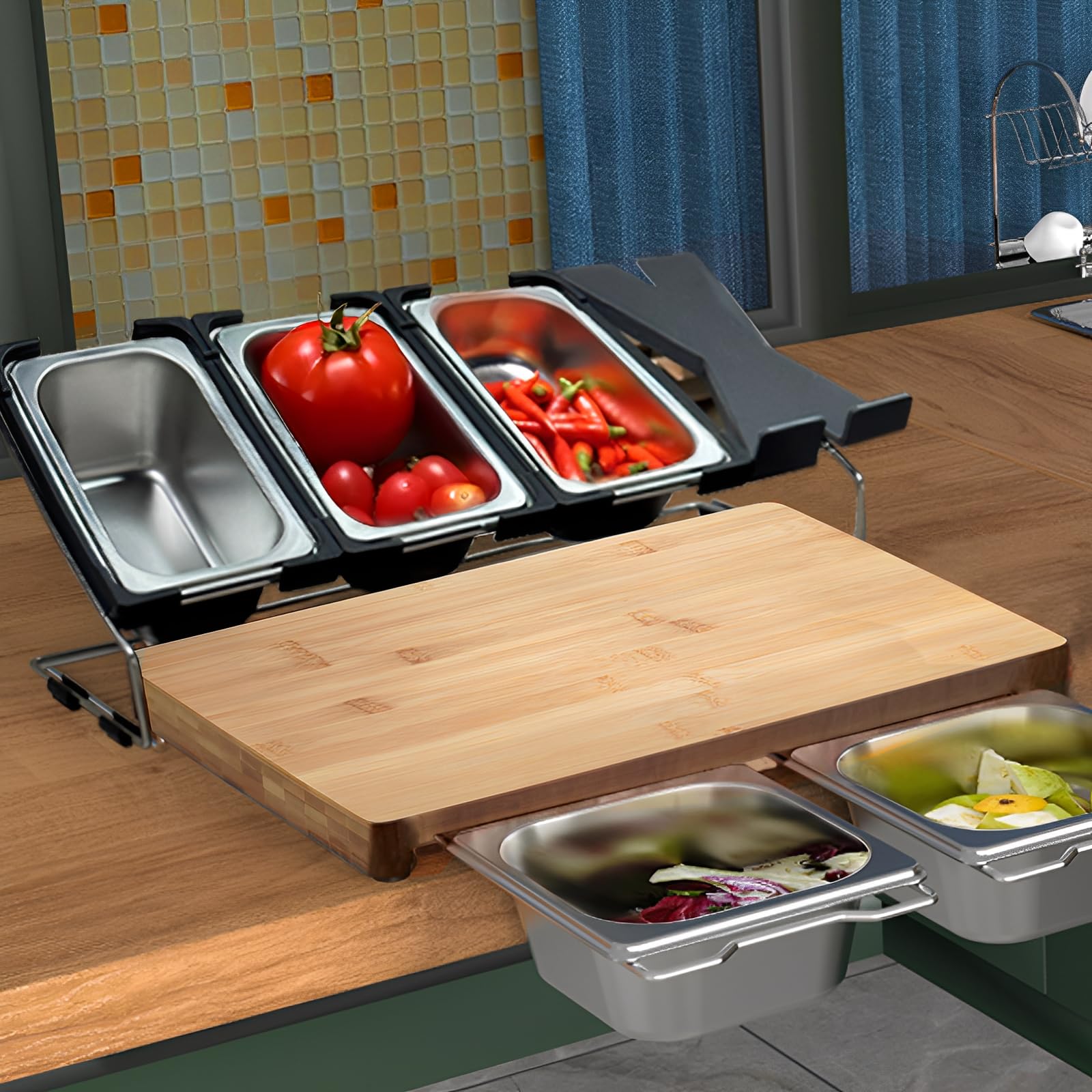 Tabla de cortar con bandeja colectora de madera de bambú orgánico, tabla de cortar extra grande y extensible, incluye 5 cajas de almacenamiento de alimentos de acero inoxidable y 1 soporte para