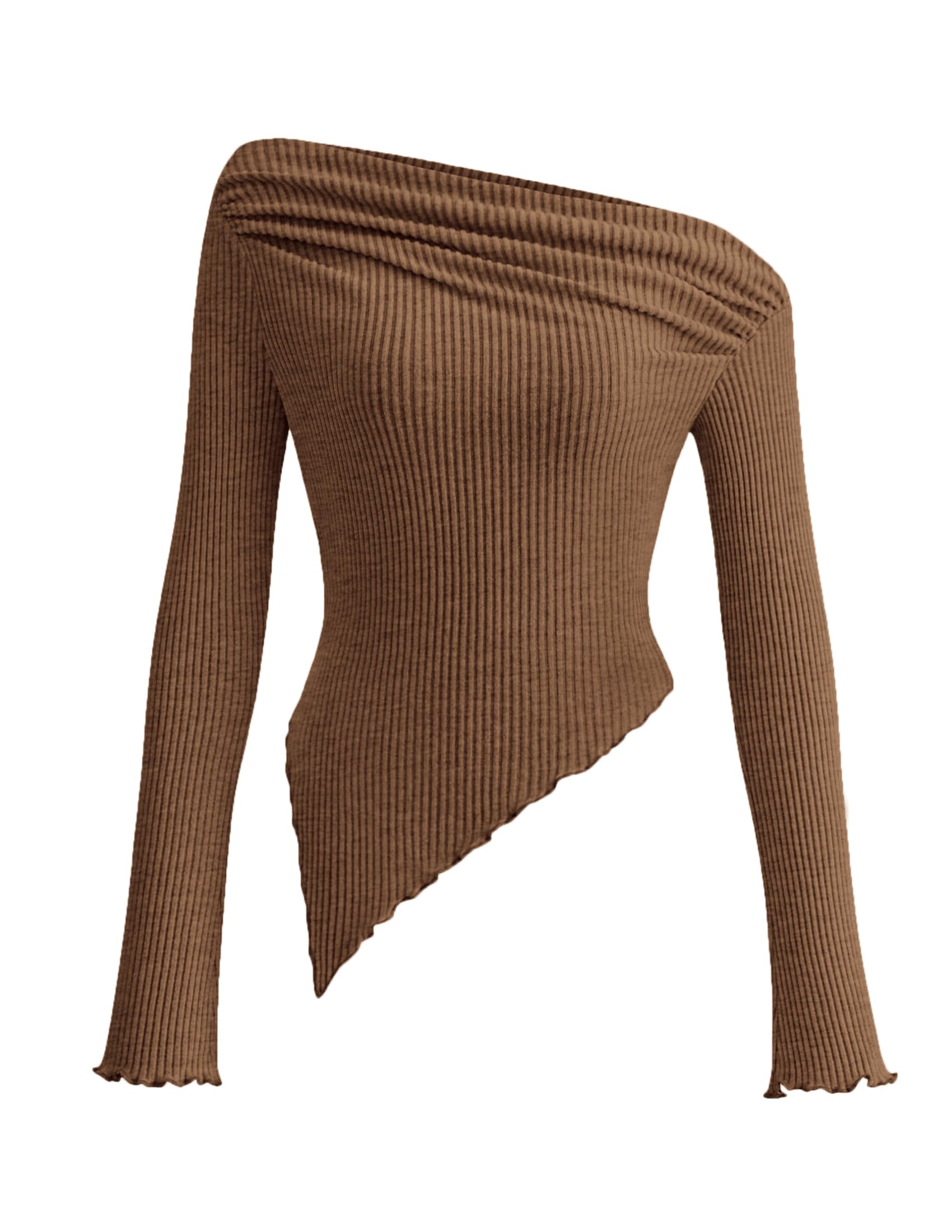 PRETTYGARDEN Women's Spring Long Sleeve Y2K Crop Top Trendy Off Shoulder Asymmetrical Fitted Knit Tee Shirts Going Out Tops