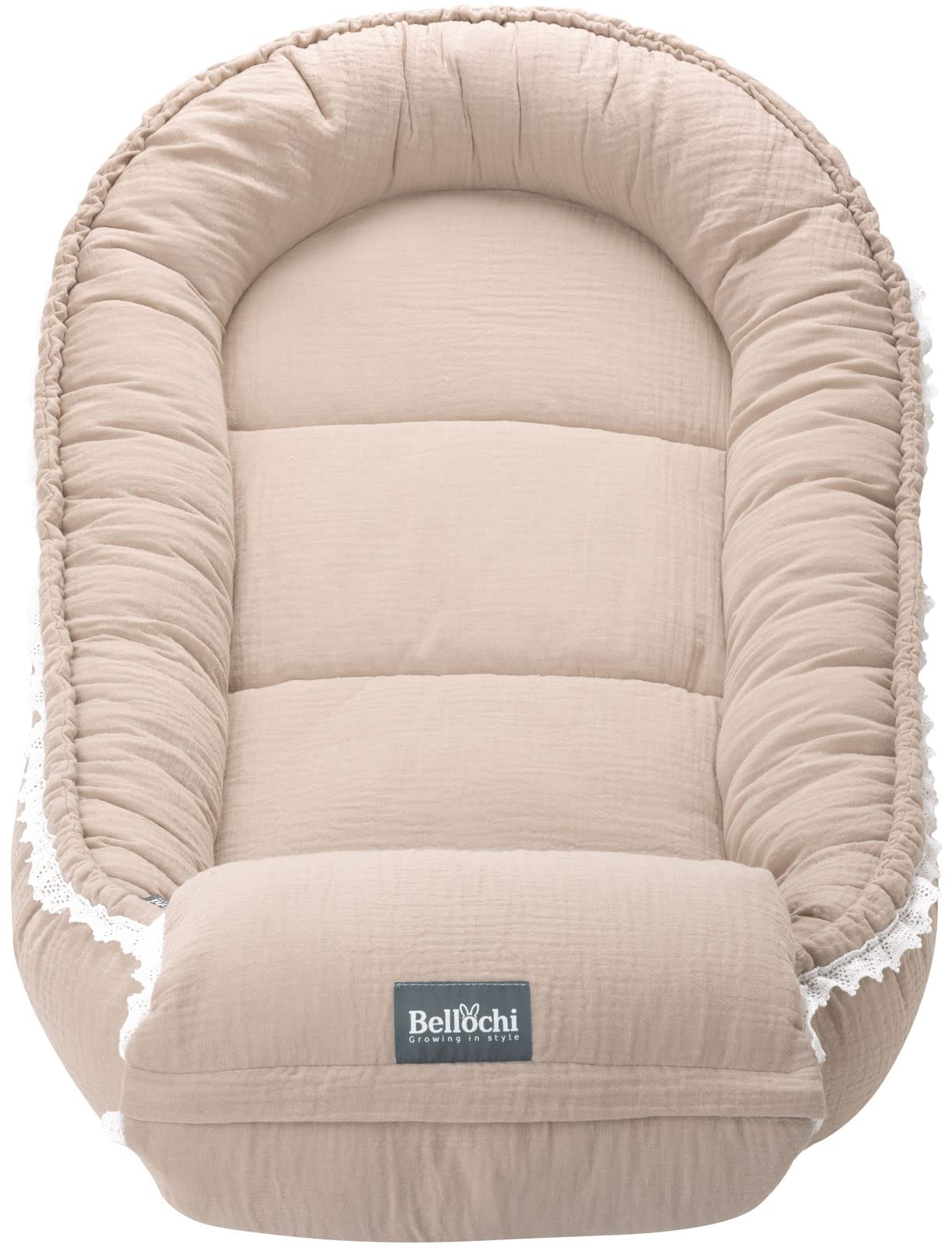 Bellochi Reducteur de Lit Bebe avec Coussin d'allaitement, Cale Bebe pour Lit, Cocon Bebe – Mousseline - 0-12 Mois - Nid de Bebe, Baby Nest - 90x60 cm - Cuddly Muslin Beige